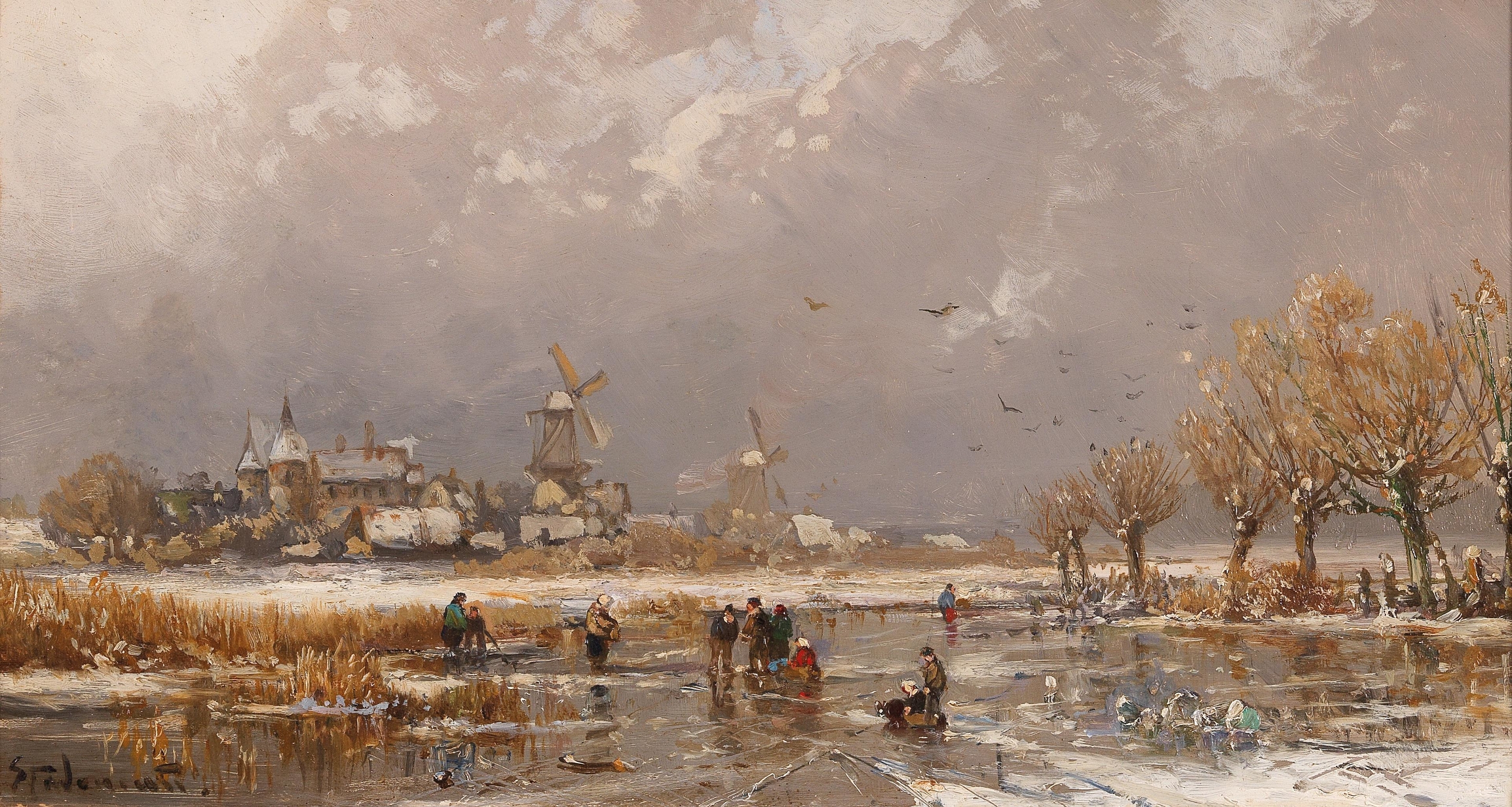 Winter Pleasures On The Ice by Adolf Stademann, genre scene depicting figures skating on ice.