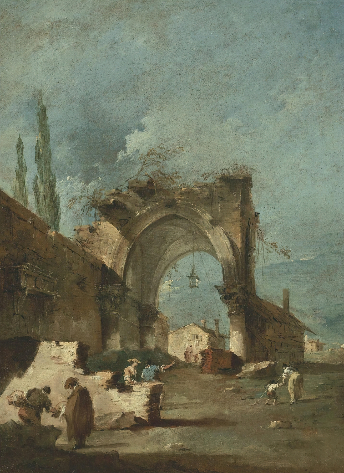 A Capriccio Of Buildings With Figures By Francesco Guardi, Rococo oil painting depicting ruins and figures.