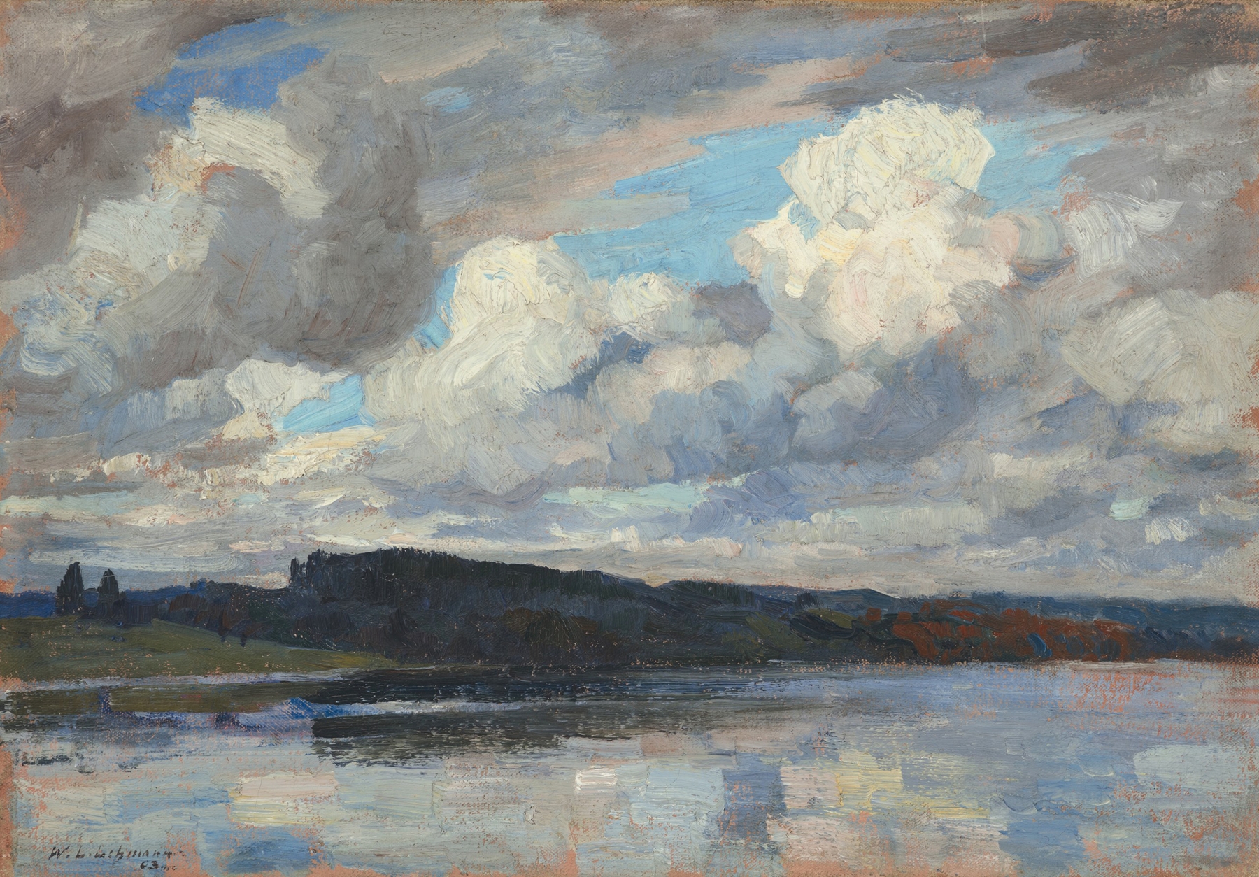 Wolkenstimmung am Chiemsee by Wilhelm Ludwig Lehmann, oil on canvas depicting a serene lake landscape.