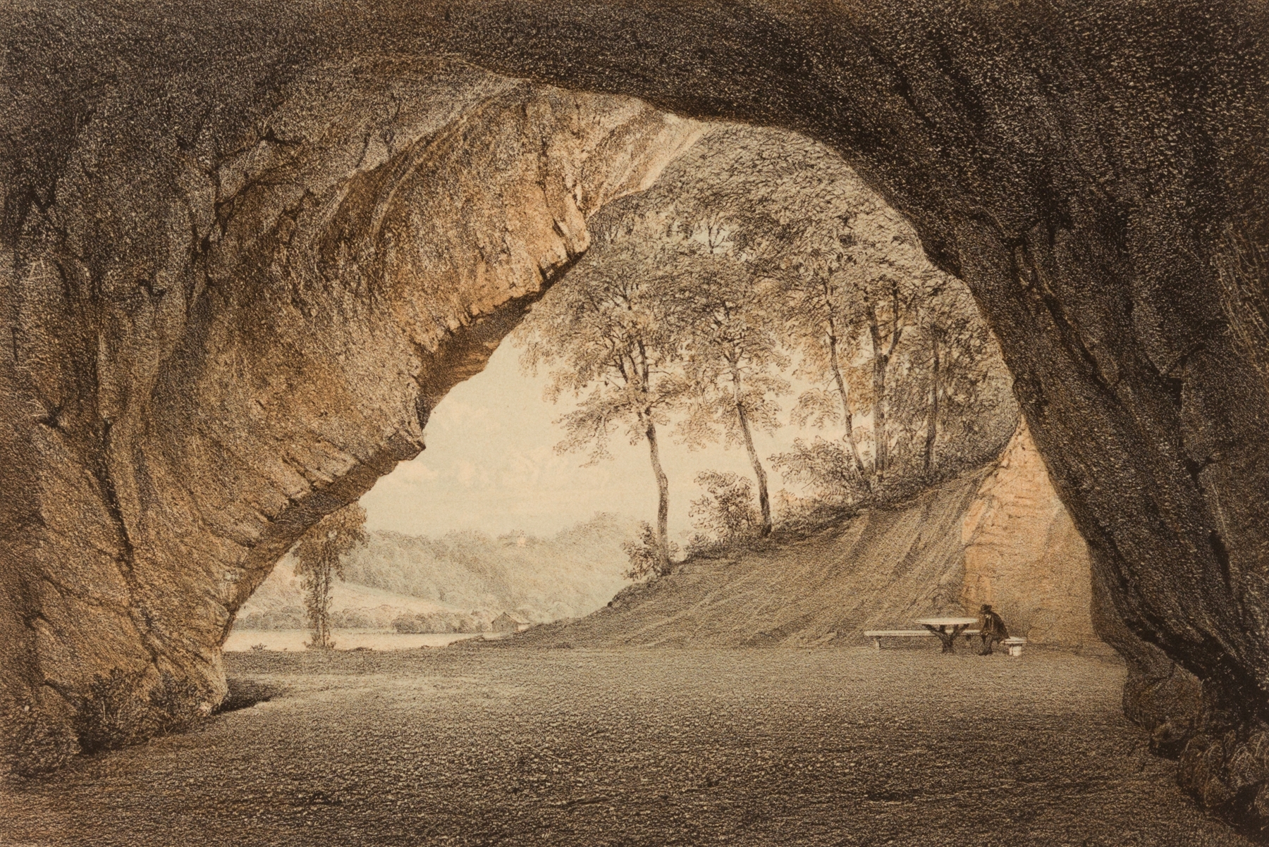 Watercolour by Louis Höflinger depicting a cave with light and shadows