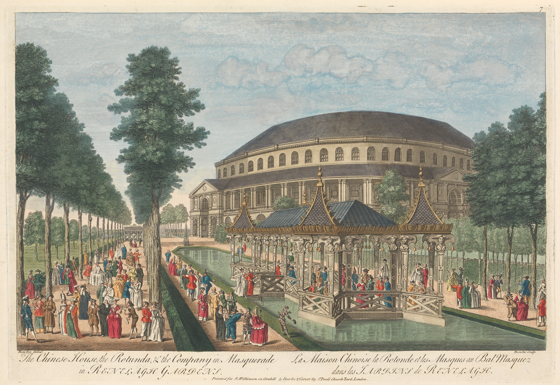 Engraving by Thomas Bowles III depicting guests in masquerade at Renelagh Gardens