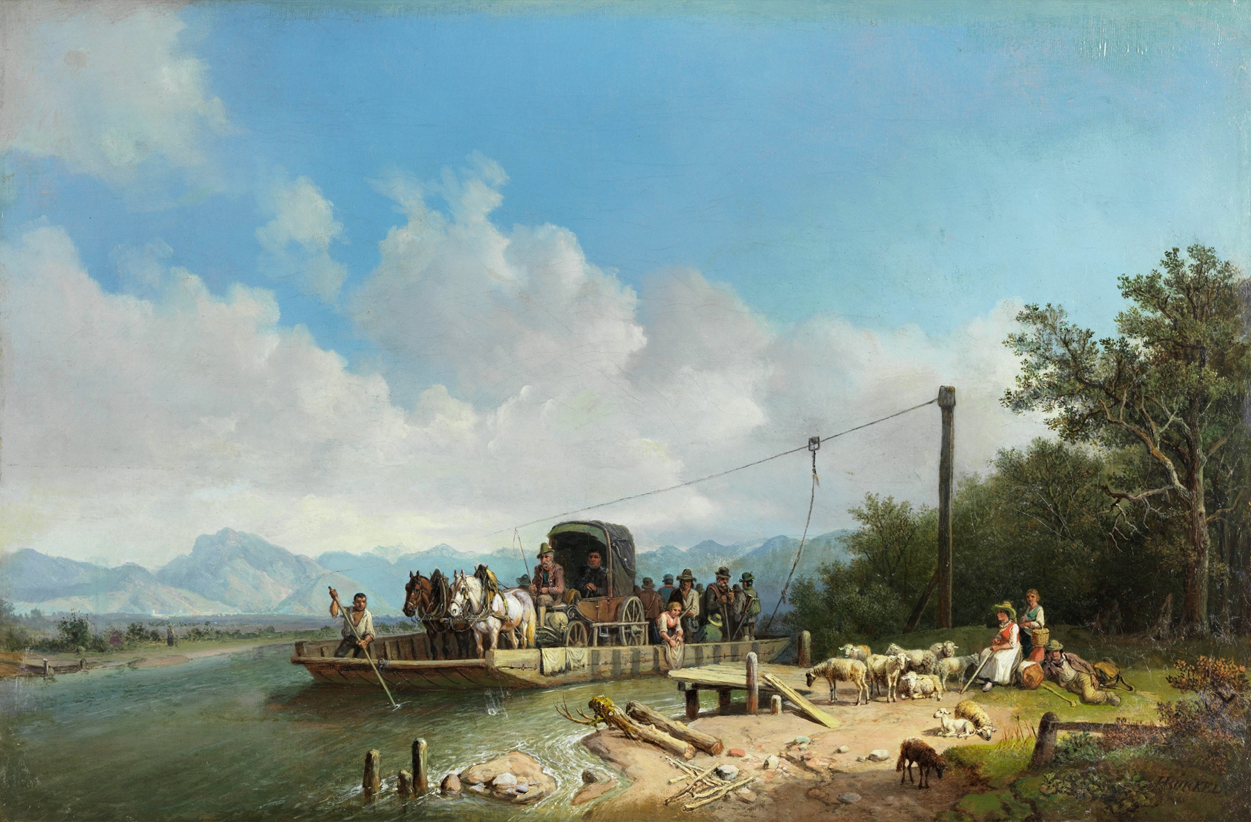 Fähre am Inn by Heinrich Bürkel, oil painting depicting a ferry on a river.