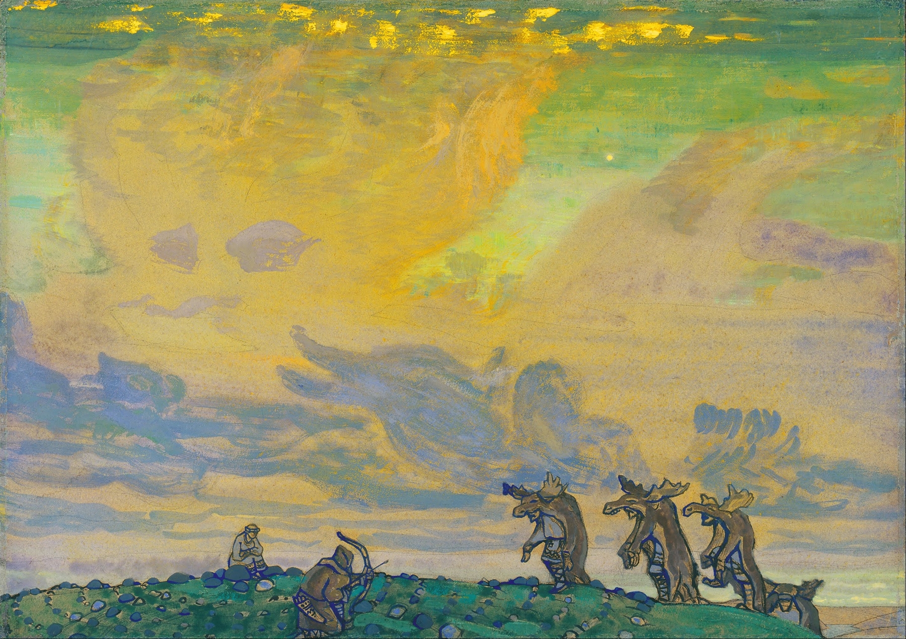 The Great Sacrifice by Nicholas Roerich, oil on canvas depicting mythological figures in dynamic tension.