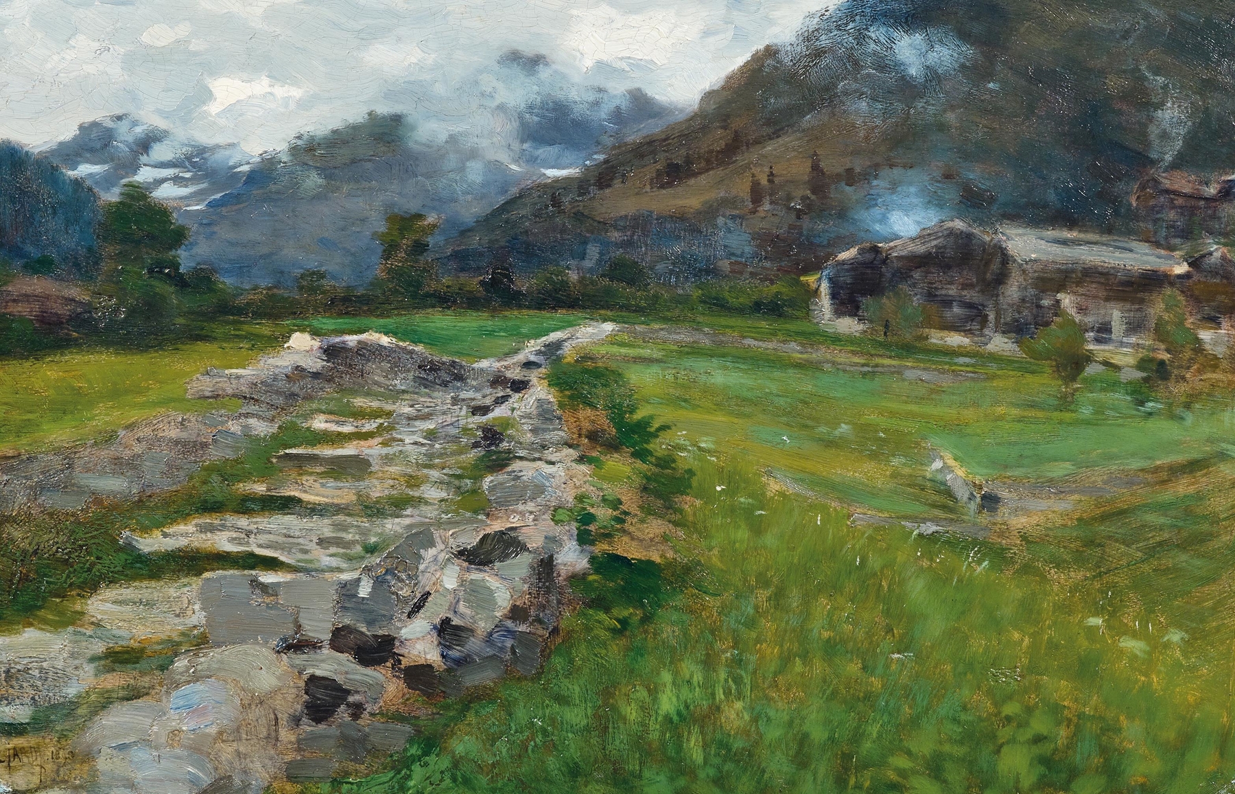 Sappada by Guglielmo Ciardi, an impressionist landscape depicting light filtering through foliage.