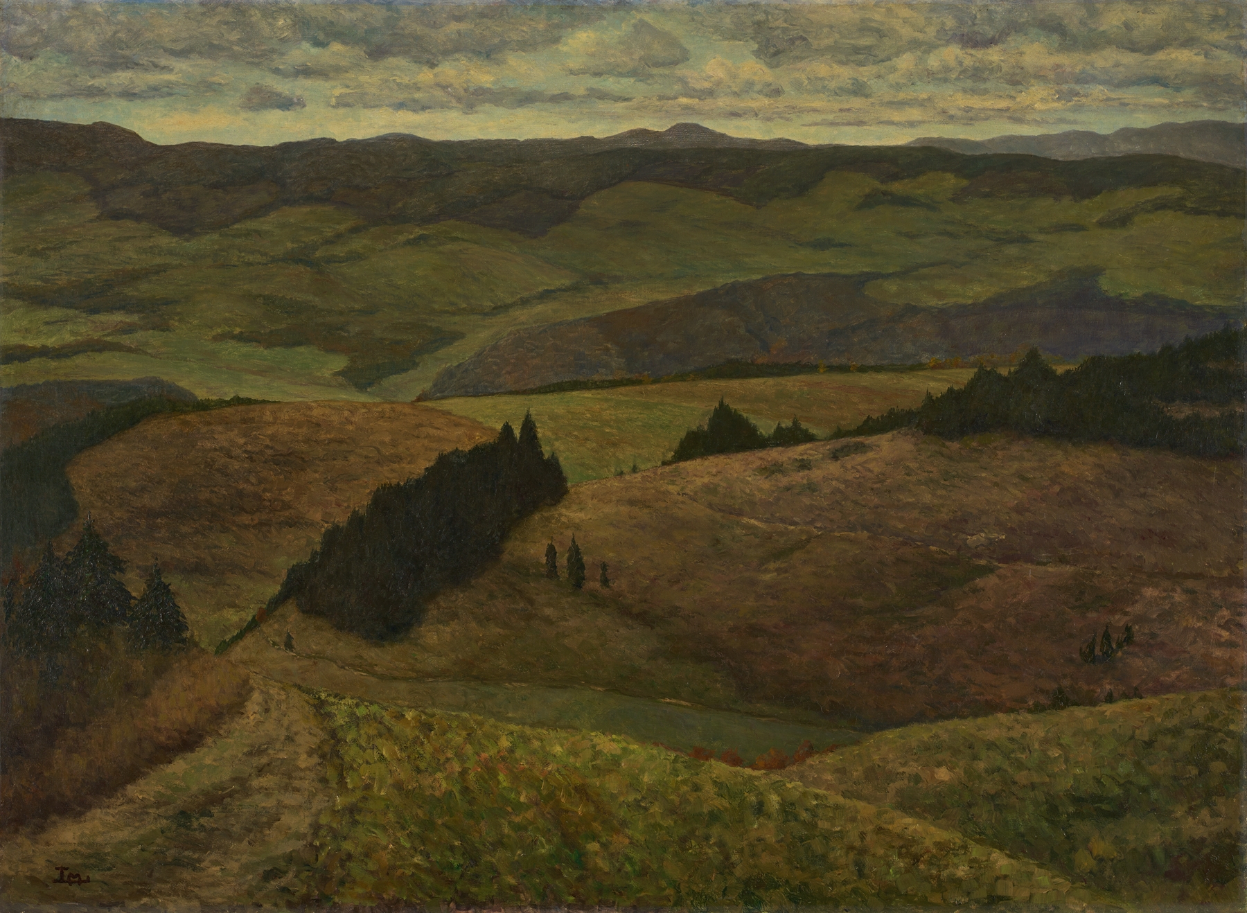 Black Forest Landscape by Max Lieber, oil on canvas depicting towering pines and woodland shadows.