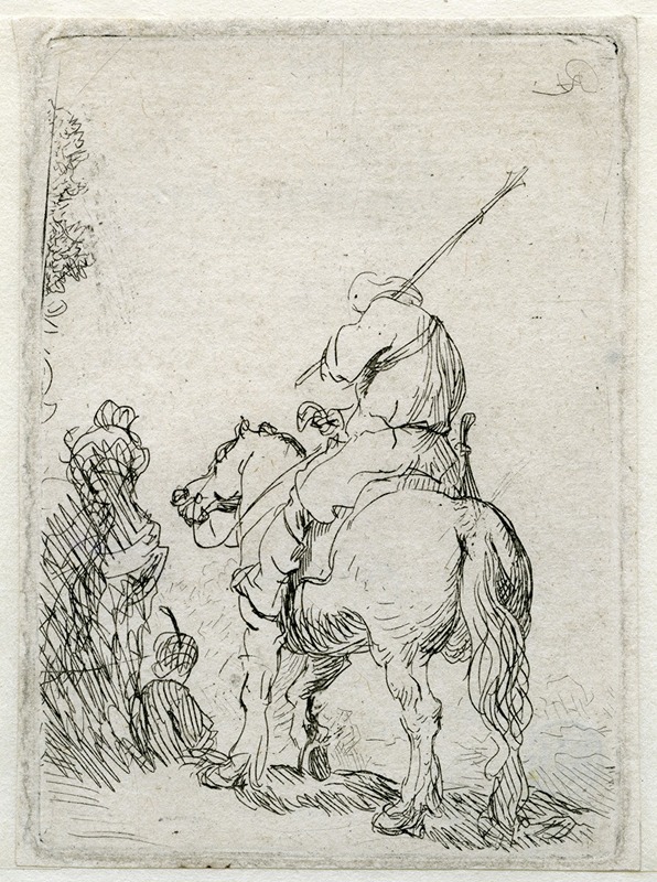 A soldier in a turban rides a horse, showcasing Rembrandt's skill in portraiture.