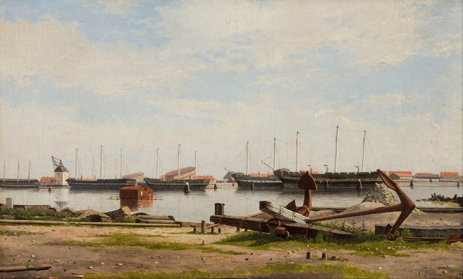 Parti af Nyholm med kranen og nogle krigsskibe, by Christoffer Wilhelm Eckersberg, public domain