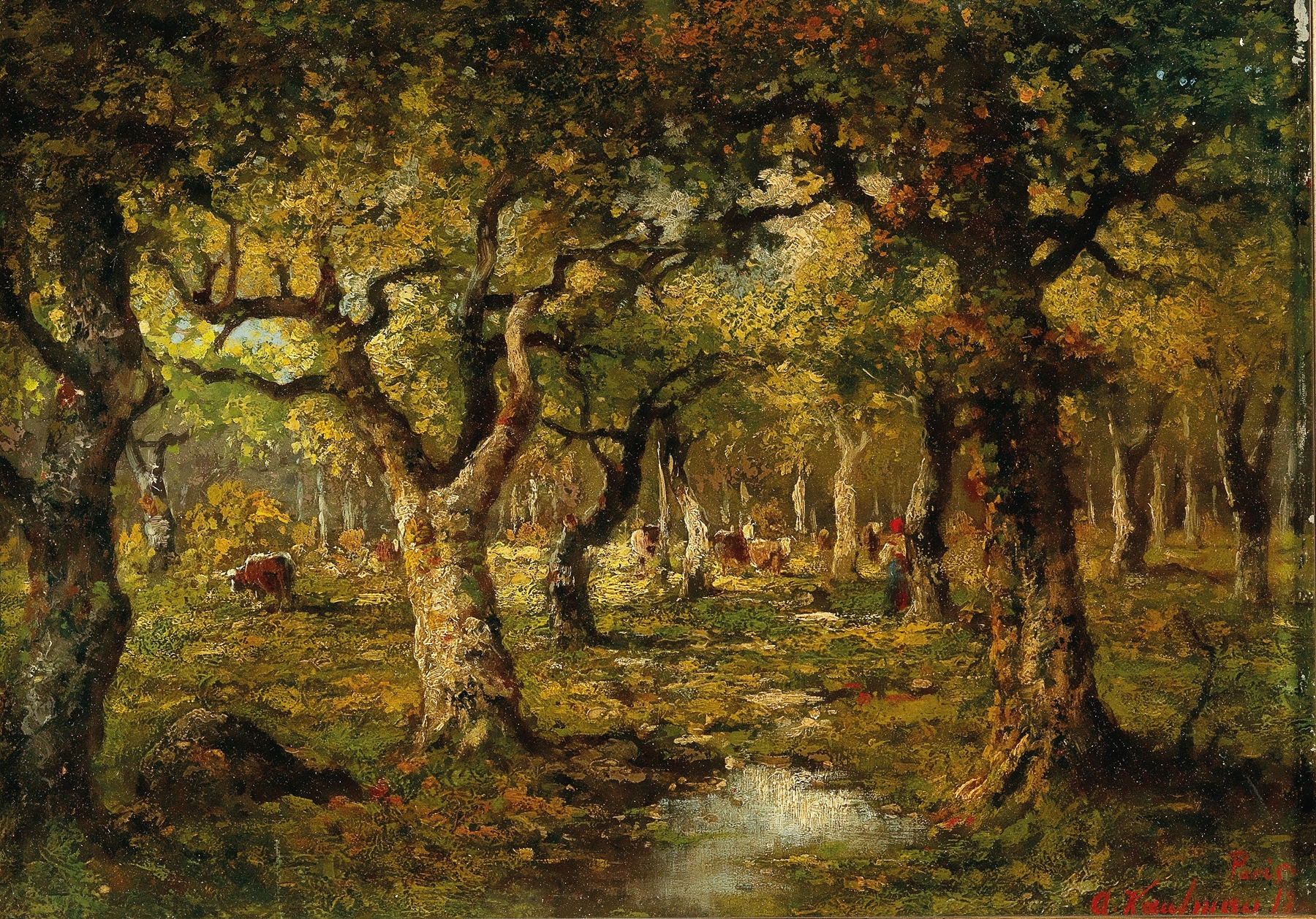 In the Forest of Barbizon by Adolf Kaufmann, oil painting depicting a serene forest with dappled light.
