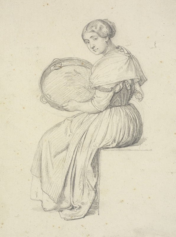 A woman seated with a tambourine, capturing a moment of leisure.