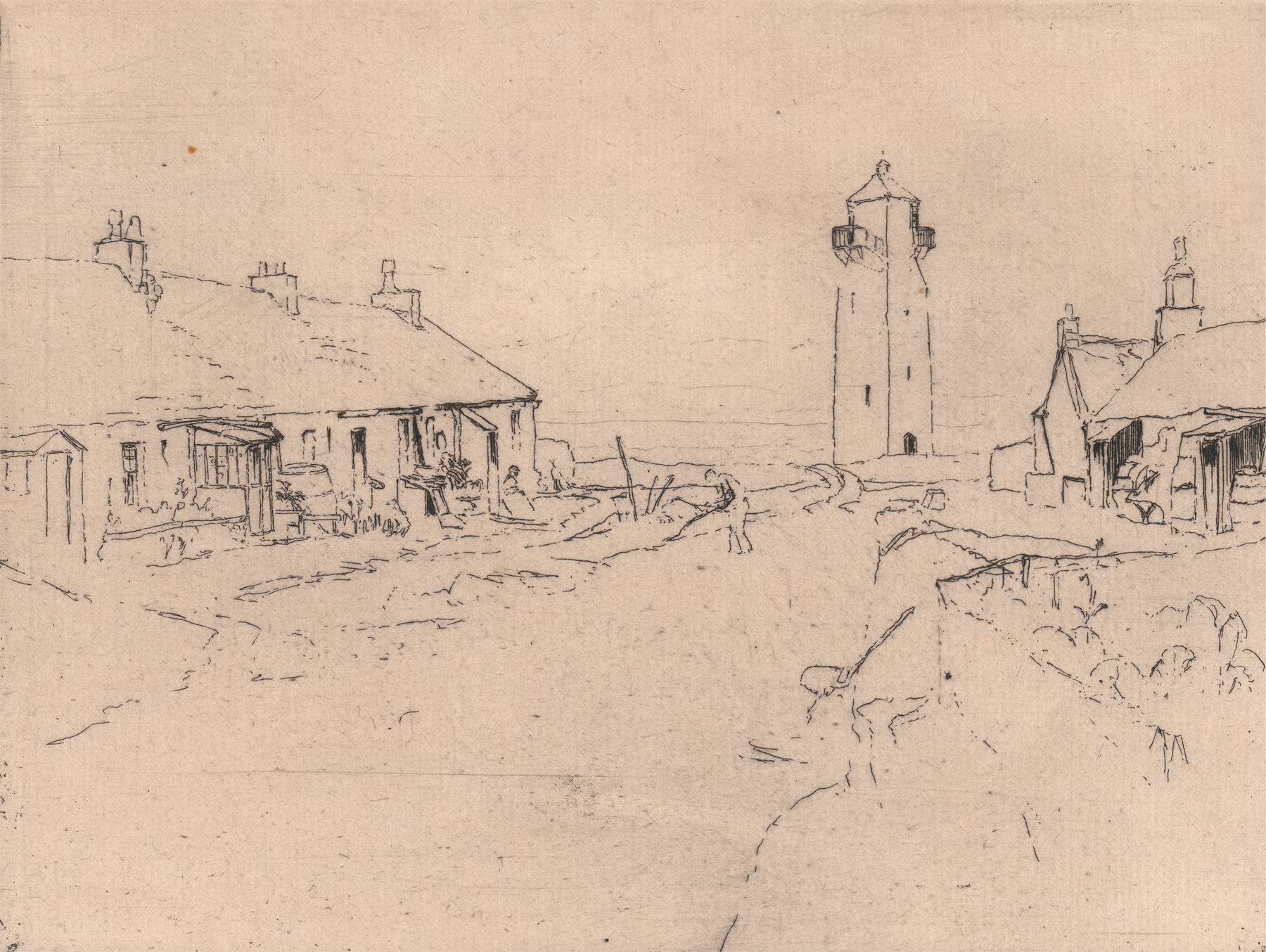 Southerness Light House engraving by Sir Frank Short, depicting a lighthouse illuminated at dusk.