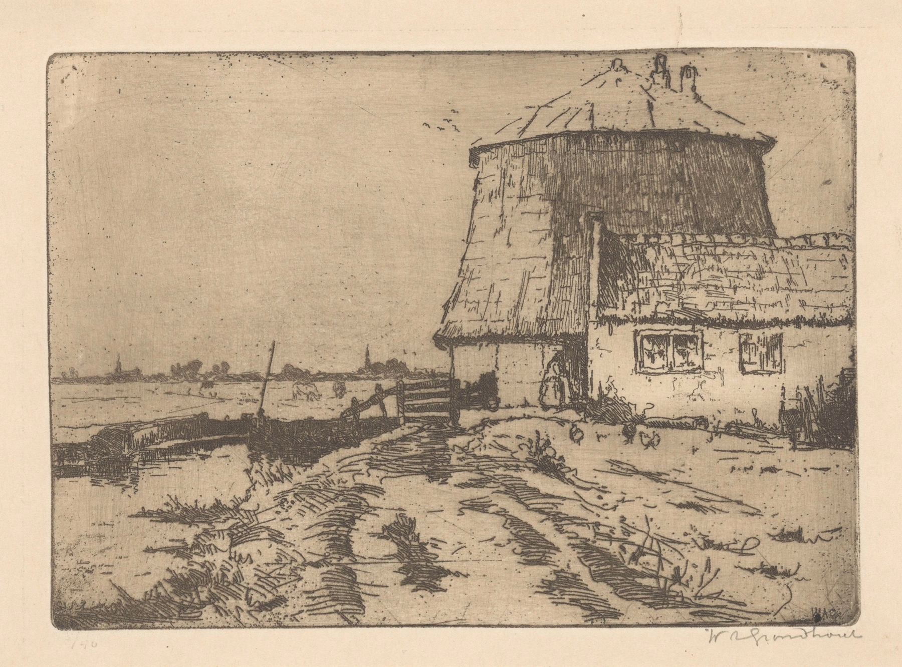 Landscape featuring a windmill by Willem Adrianus Grondhout, oil painting