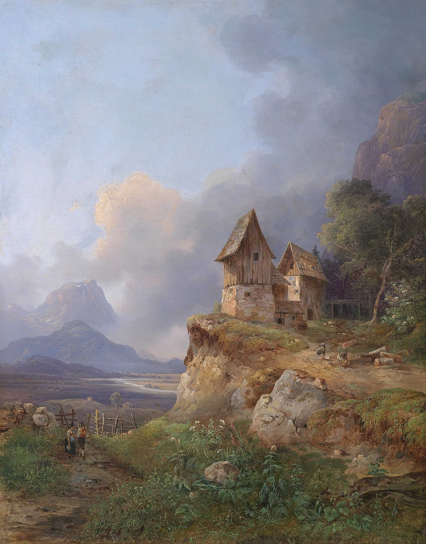 Landscape by Wilhelm Steinfeld, featuring hills and a pastel sky, oil painting