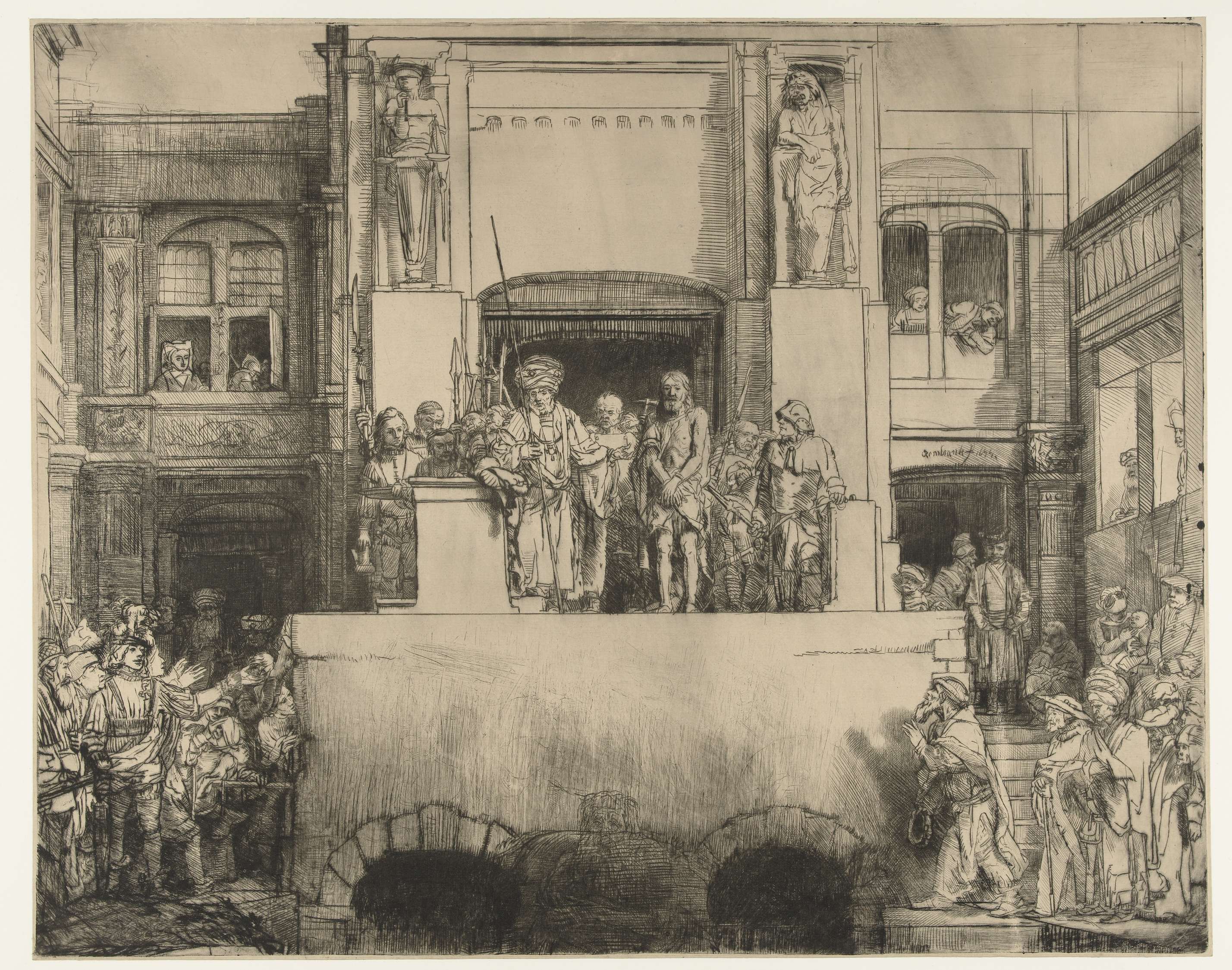 Christ presented to the people, drypoint by Rembrandt van Rijn, depicting a crowd in tense silence.