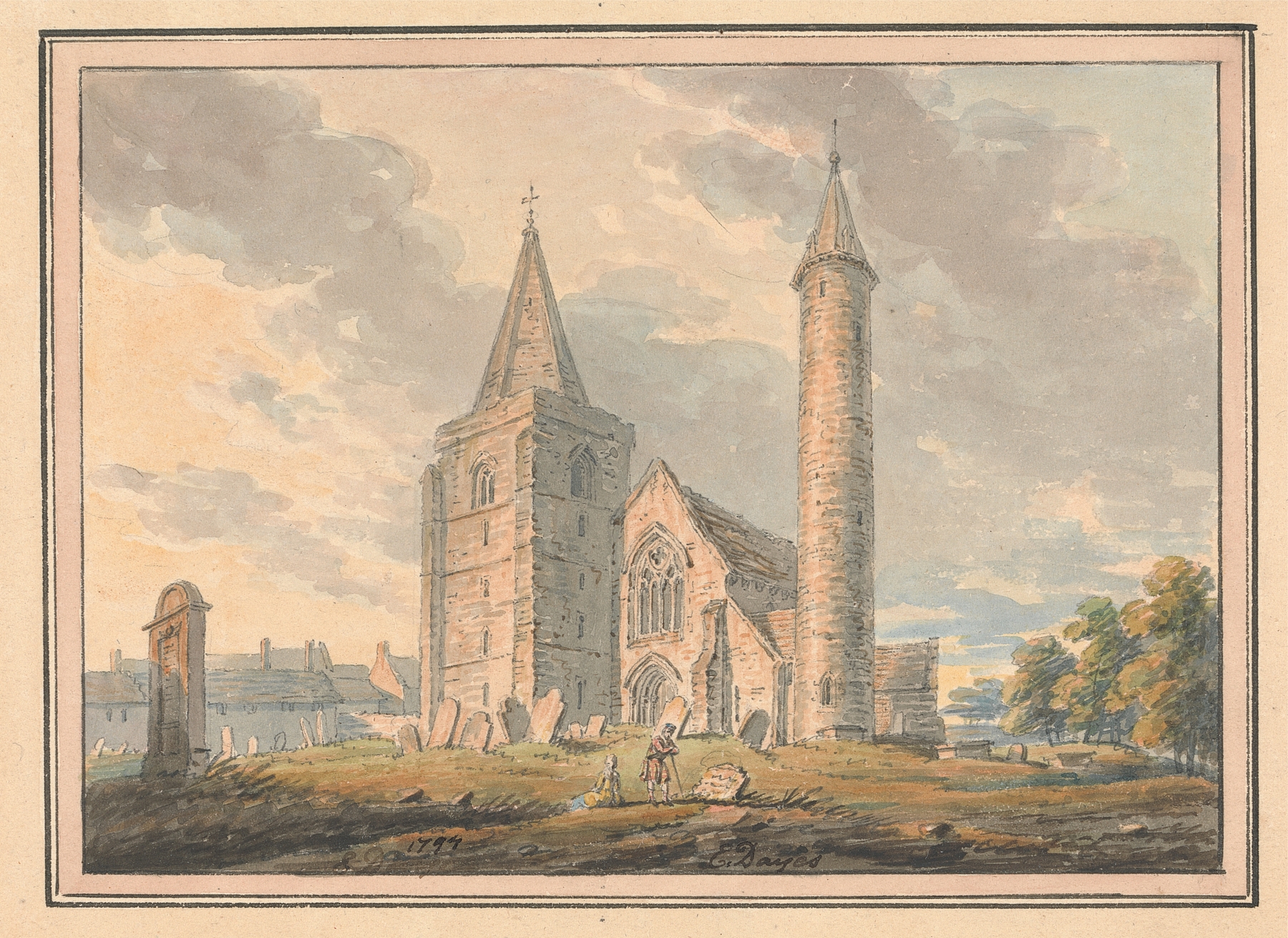 Brechin Cathedral and round tower in watercolor by Edward Dayes