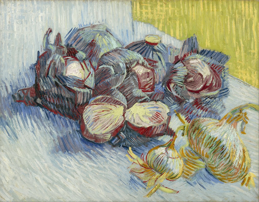 Vincent van Gogh's 'Red Cabbages and Onions' showcases vibrant colors and dynamic brushwork.