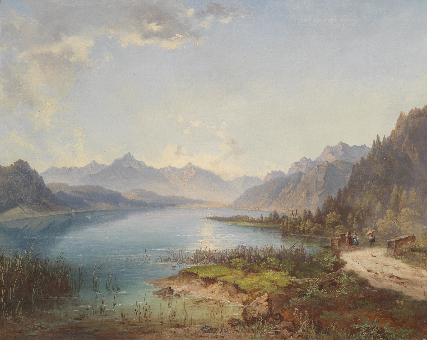 Lakeside landscape with reflections, by Jakob Canciani, oil painting