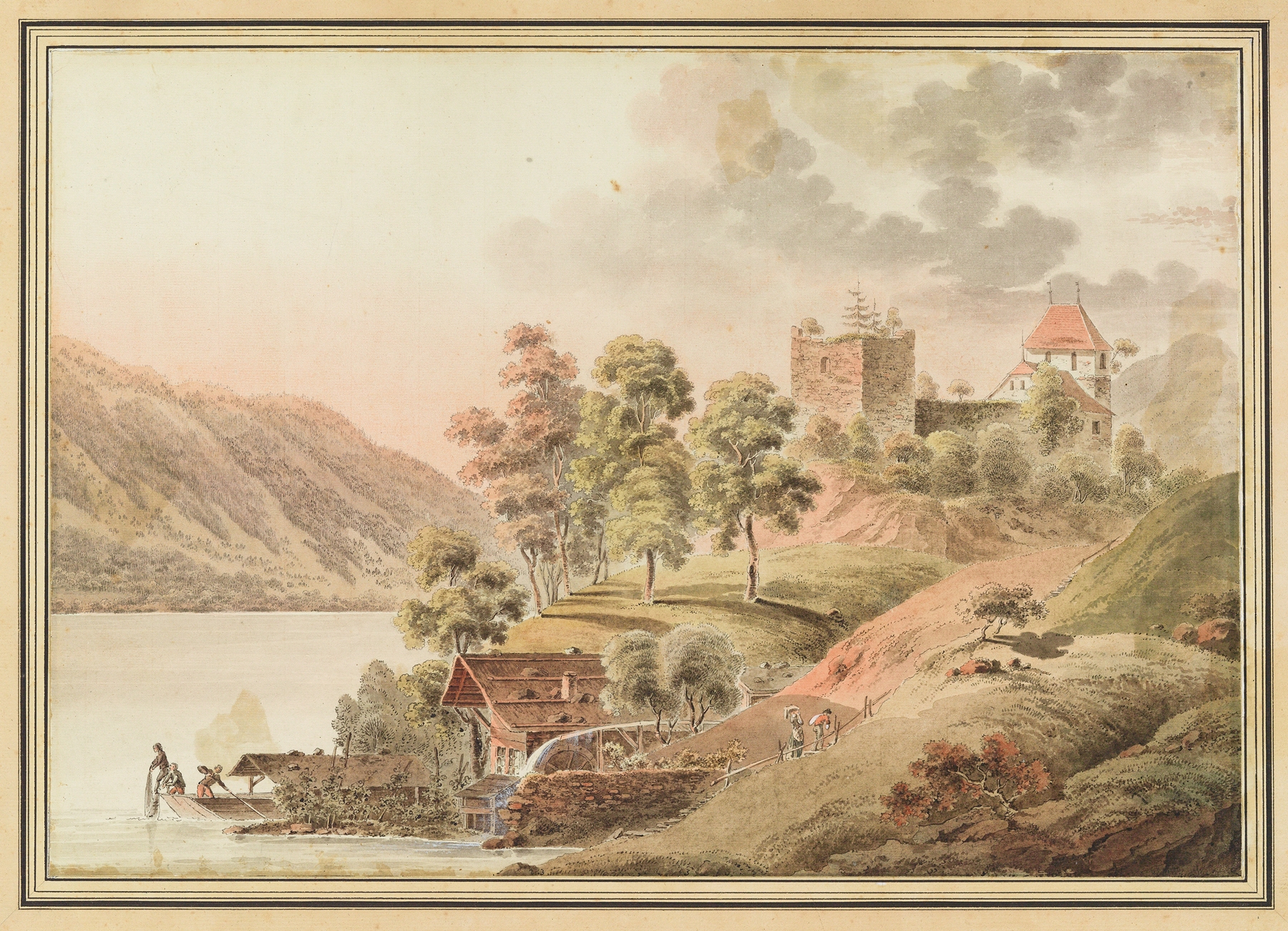 Vue du Chateau de Ringenberg au Lac de Brienz, by Jakob Samuel Weibel, public domain