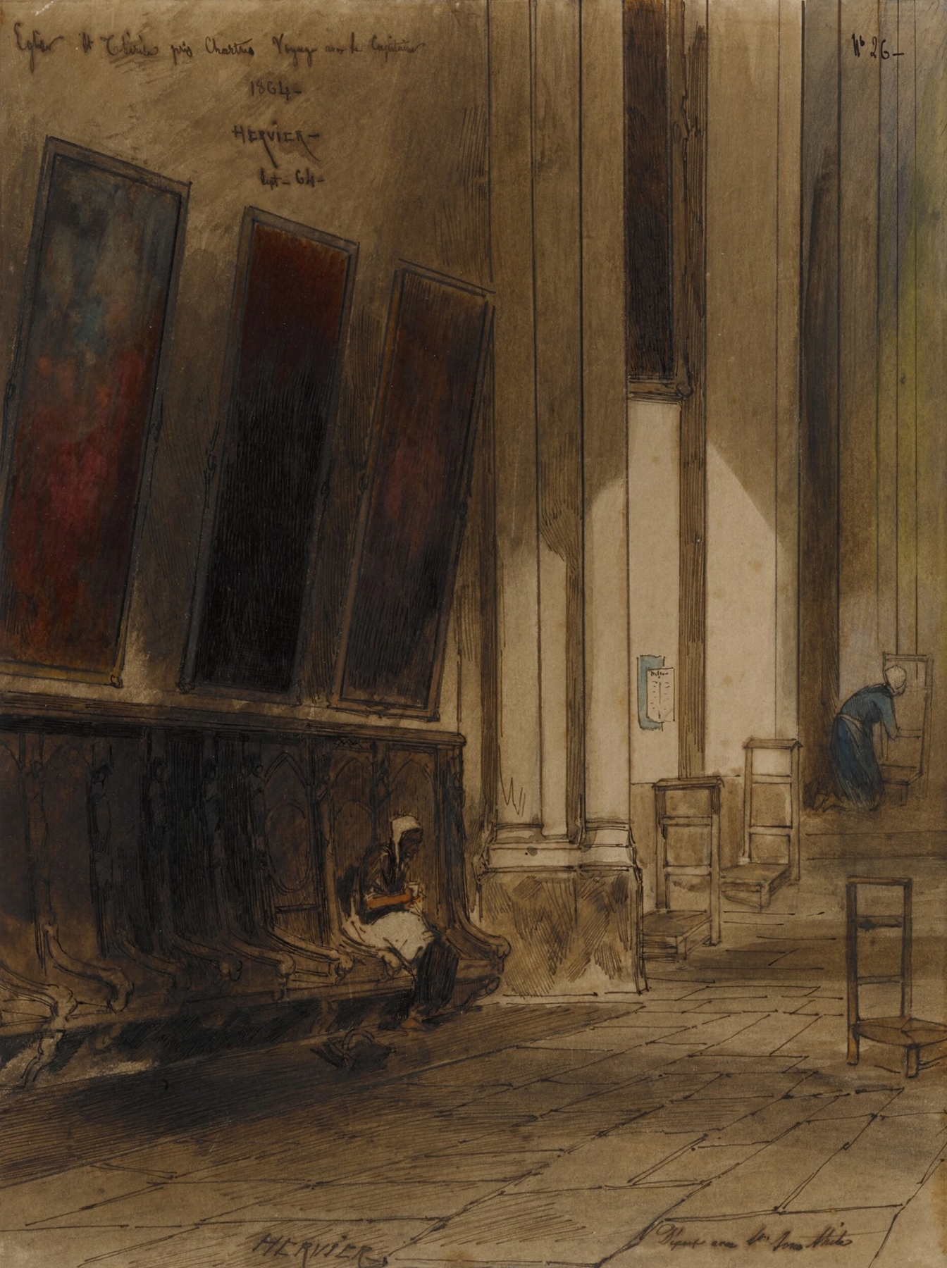 Interior of a Gothic cathedral by Louis-Adolphe Hervier, featuring arches and stained glass.