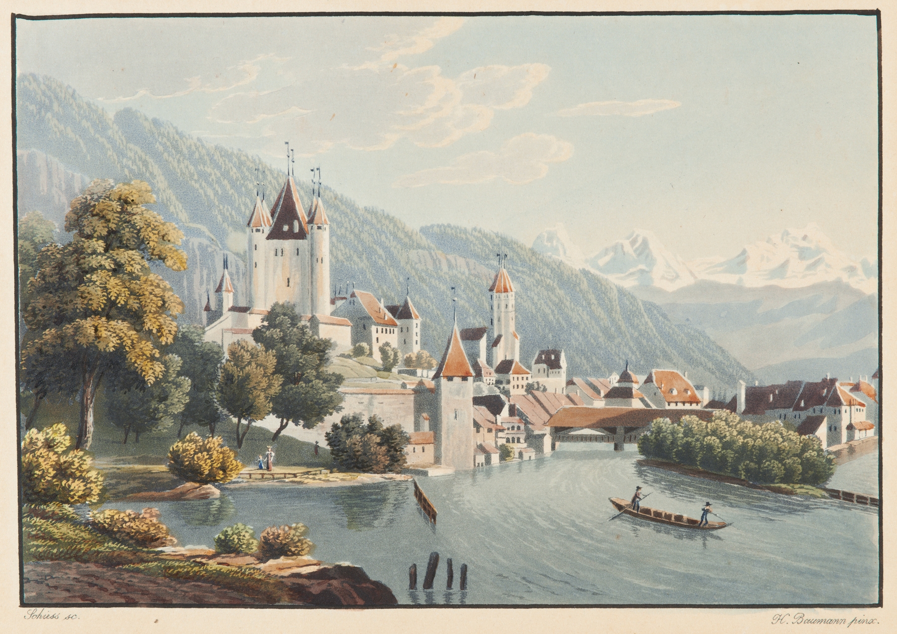 Vue de Thoun by Jean Henri Baumann, oil painting depicting Lake Thun and mountains.