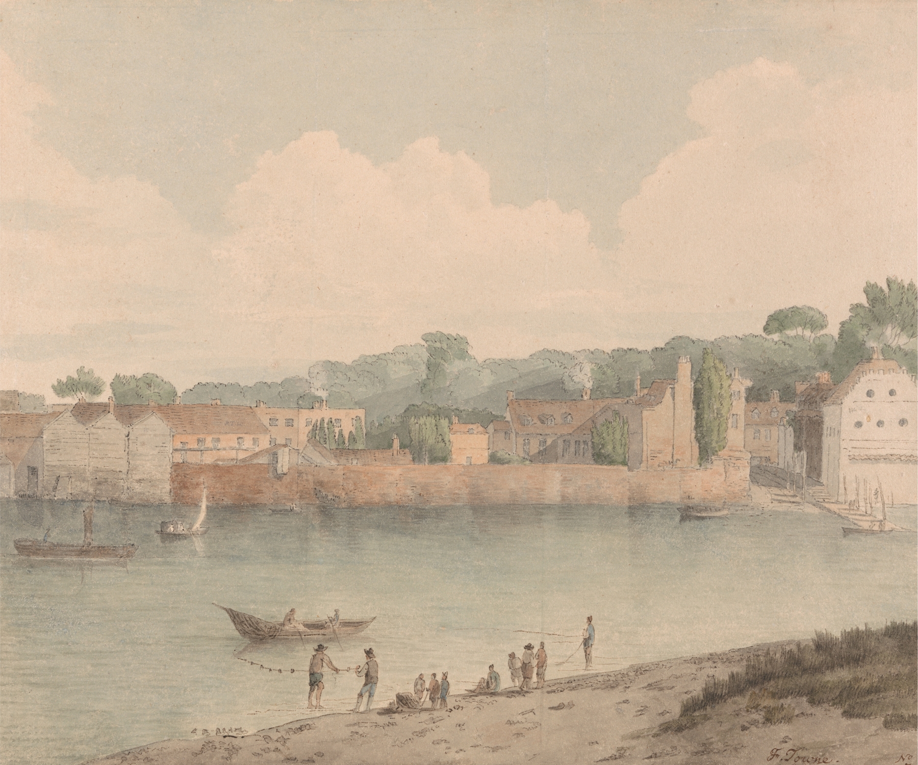 Vauxhall Stairs, watercolor on paper by Francis Towne, featuring trees and a river