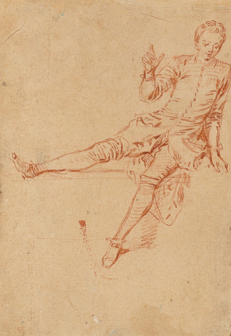 A seated young man with raised hand and leg, painted in the Rococo style.