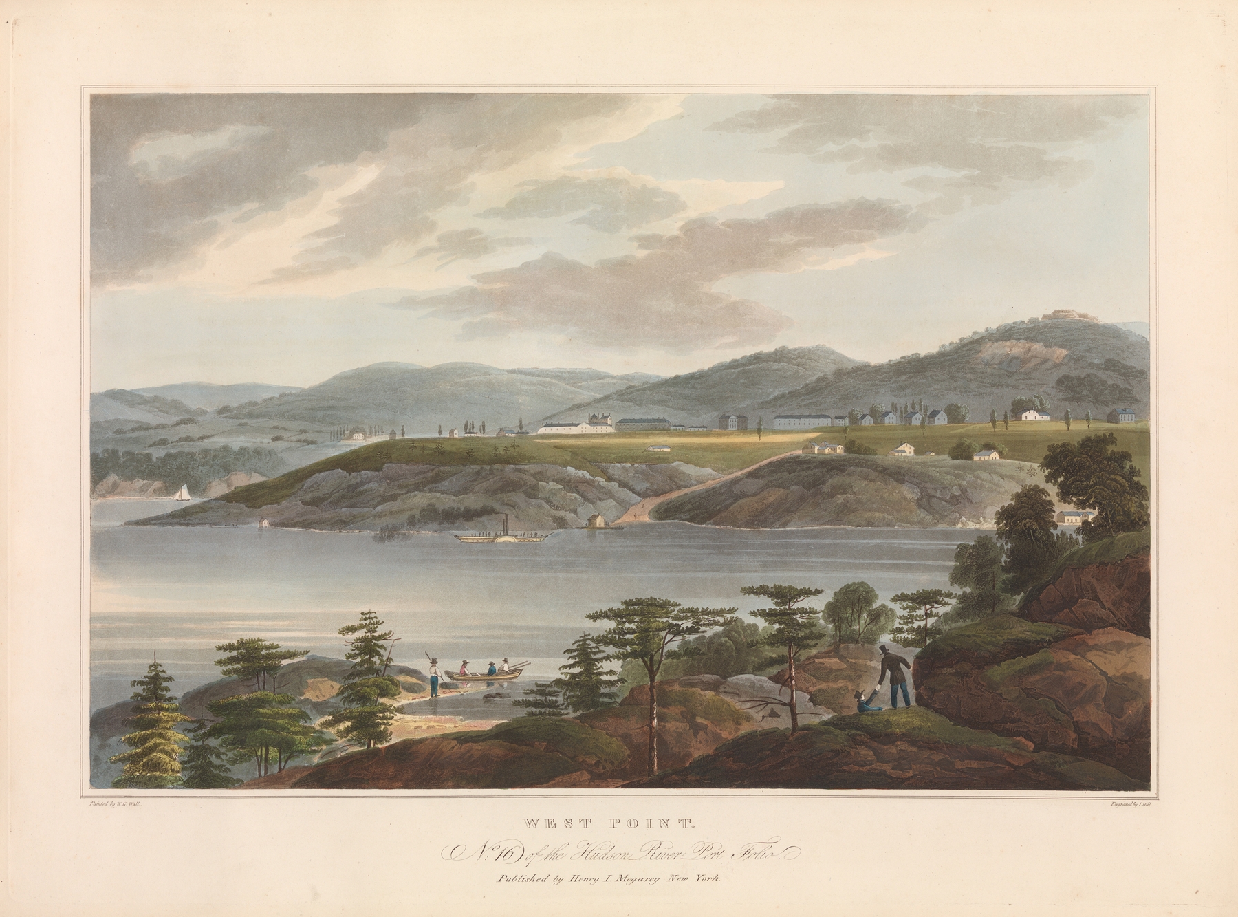 Engraving by John Hill depicting the Hudson River and jagged cliffs