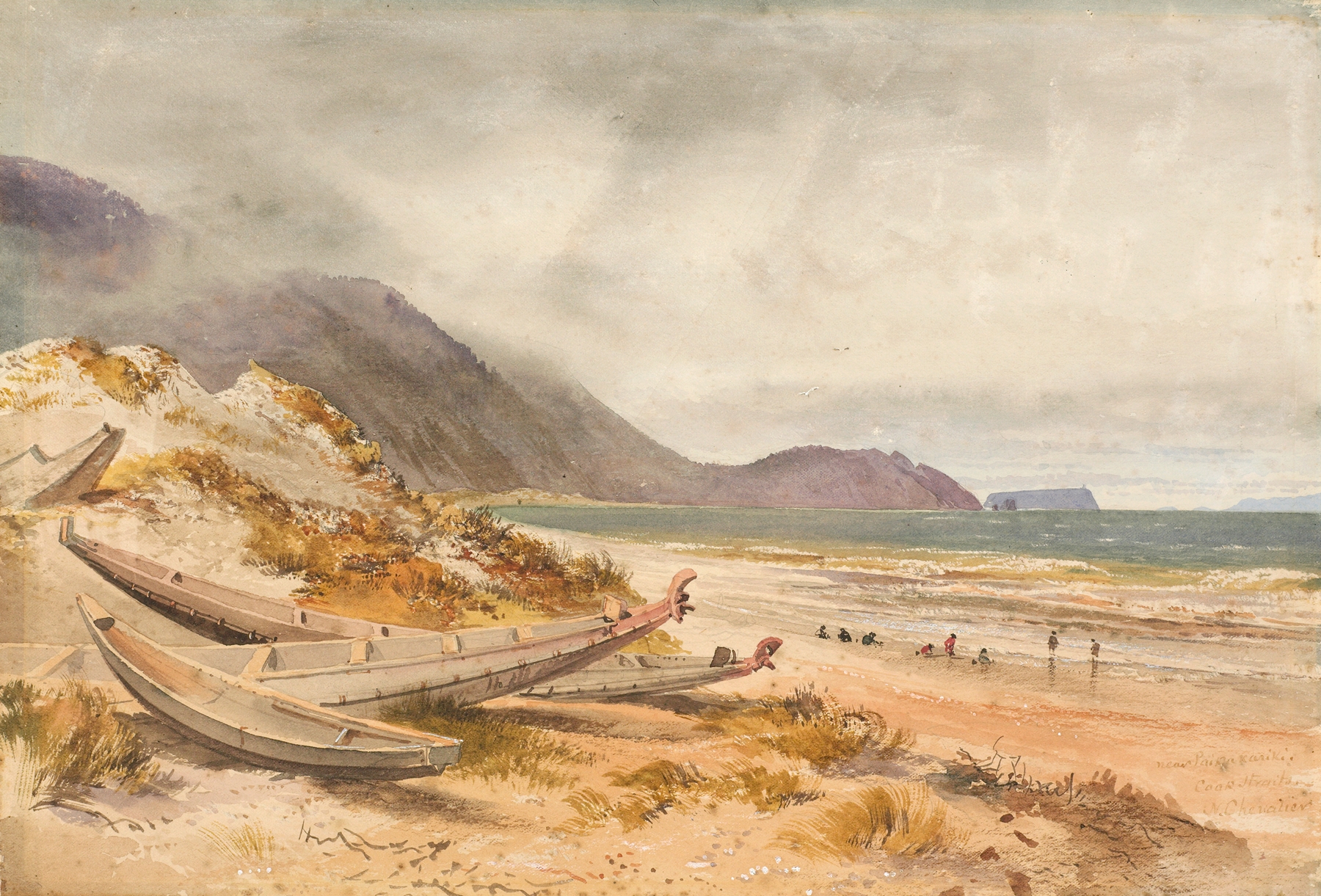 Near Paekakariki, Cook Strait by Nicholas Chevalier, oil on canvas depicting hills and clouds.
