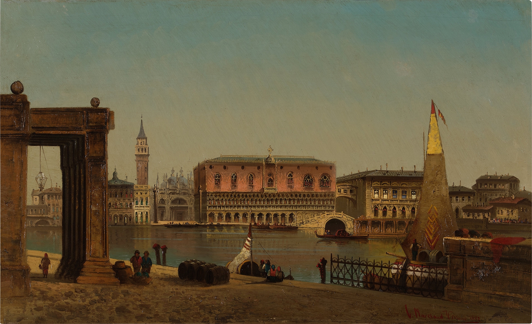 View of Venice by Charles Marchand, oil on canvas depicting a canal with buildings and shimmering water.