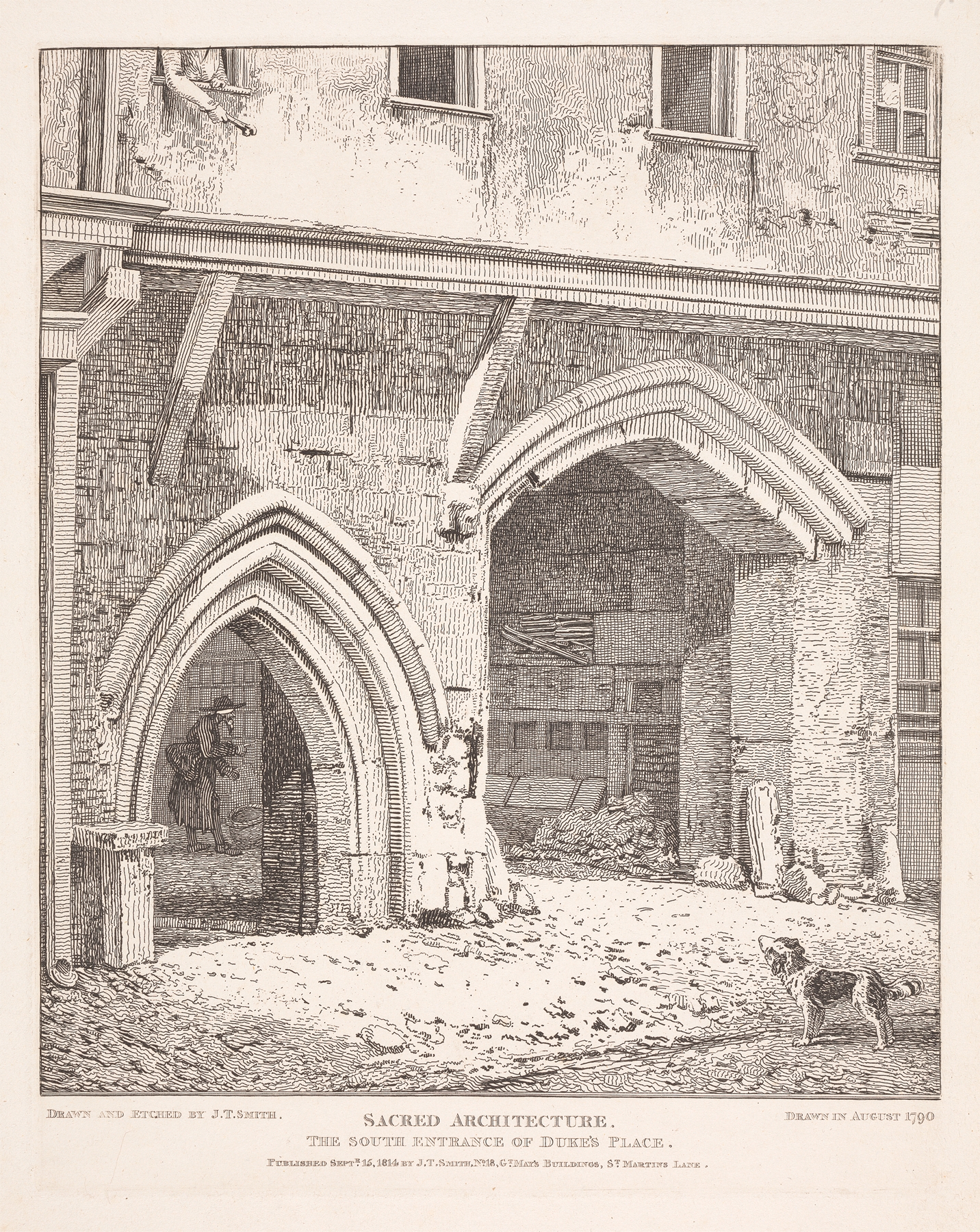 Engraving by John Thomas Smith depicting the South Entrance of Dukes Place with intricate architectural details.