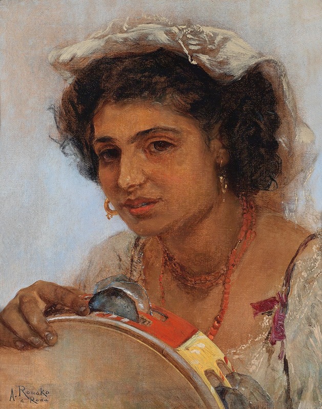 A portrait of an Italian girl with a headscarf and tambourine by Anton Romako.