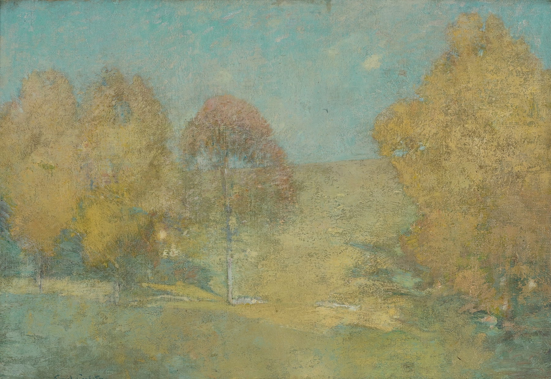 Landscape with a gradient sky and fading moon, oil painting by Emil Carlsen