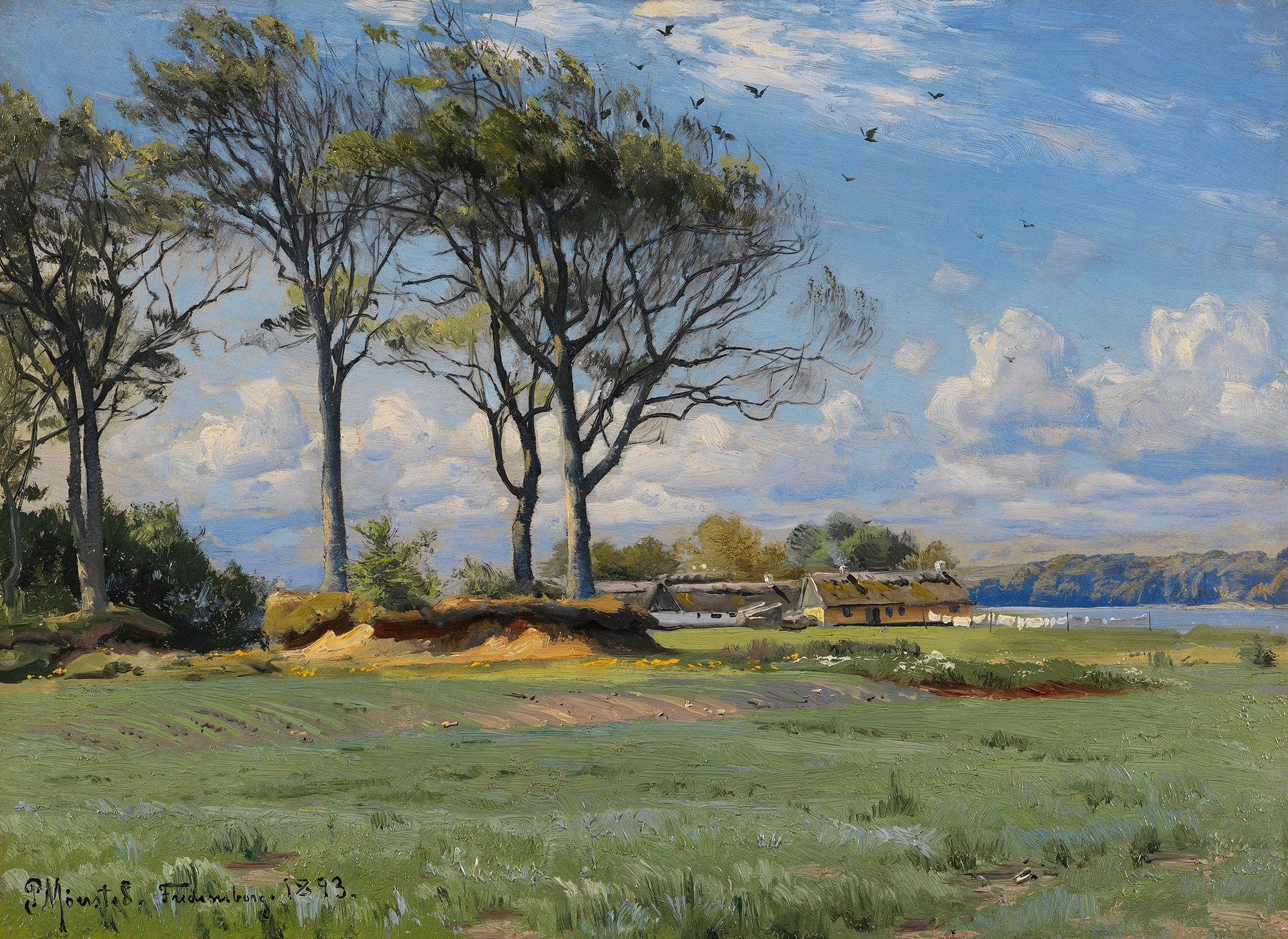 Spring Landscape by Peder Mørk Mønsted, oil on canvas, depicting a tranquil spring scene with vibrant flowers.