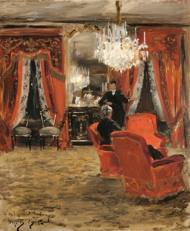 A depiction of a domestic interior illuminated by electric light.