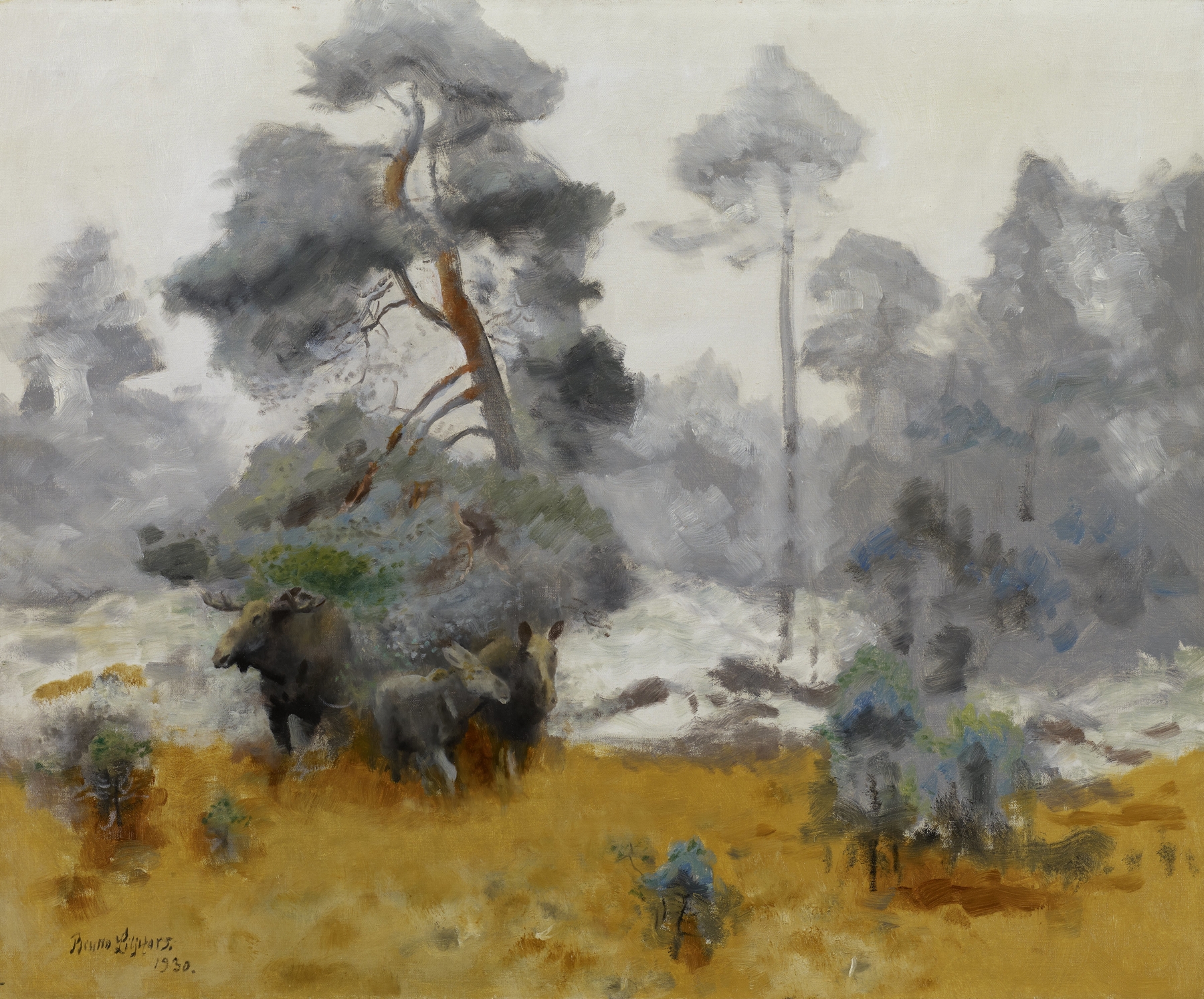Moose Family Entering a Clearing, by Bruno Liljefors, public domain