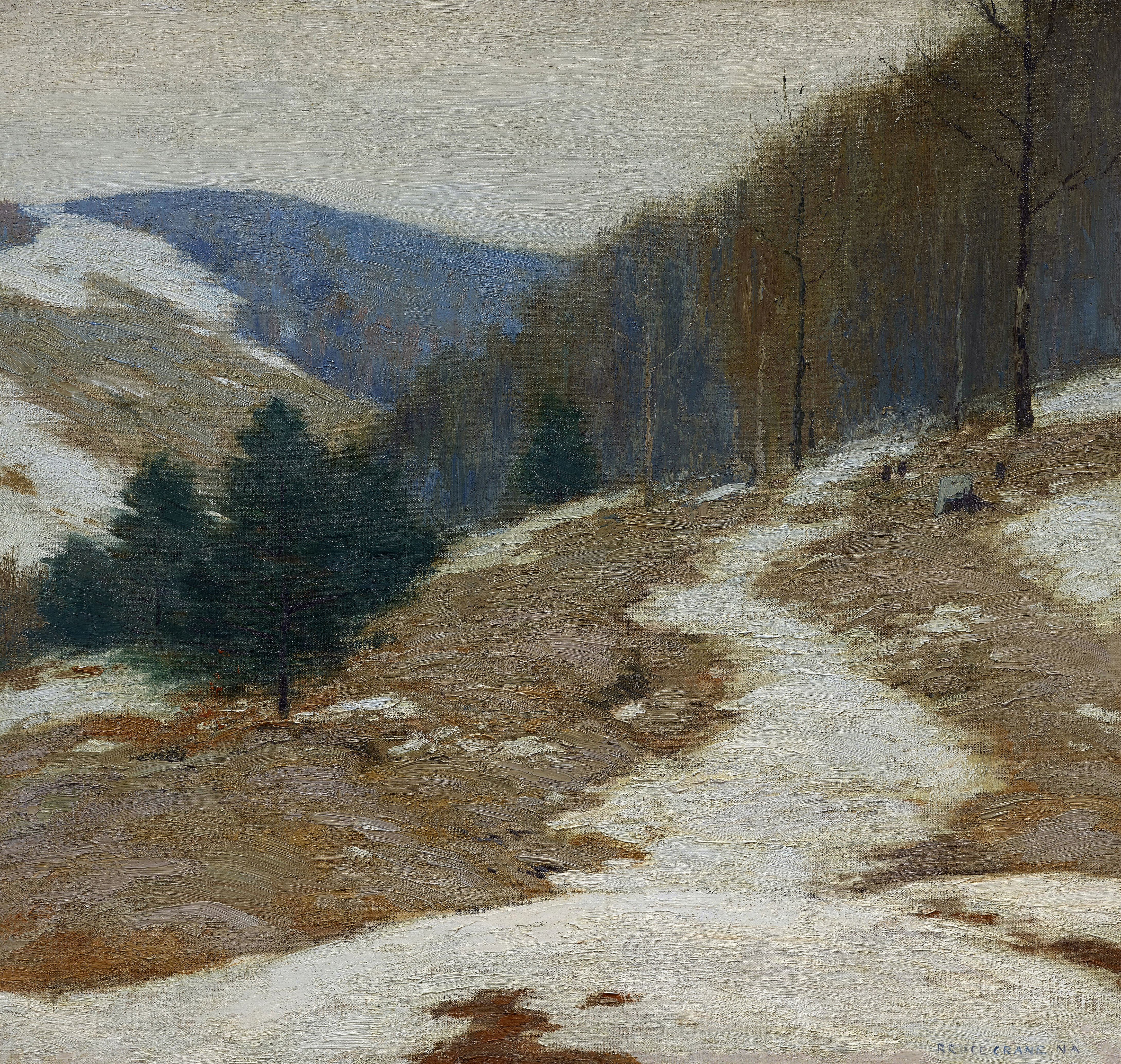 Winter landscape with frost and sunlight by Bruce Crane, oil painting.