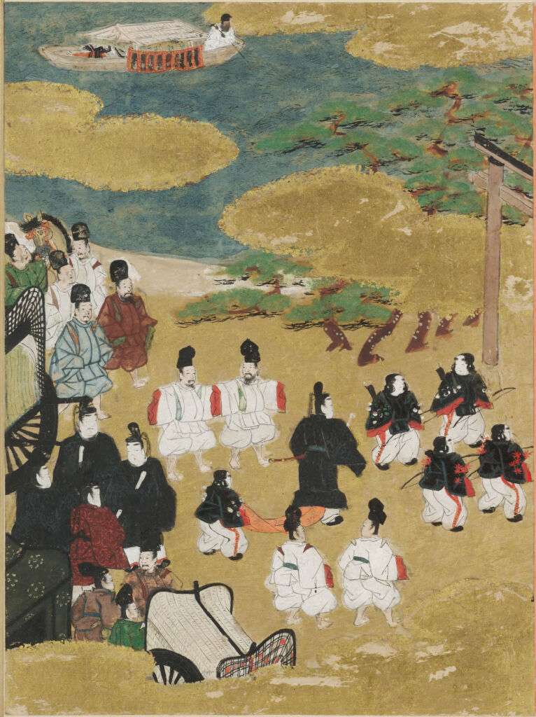 The Pilgrimage to Sumiyoshi (Miotsukushi), Illustration to Chapter 14 of the Tale of Genji (Genji monogatari), by Tosa Mitsunobu, public domain