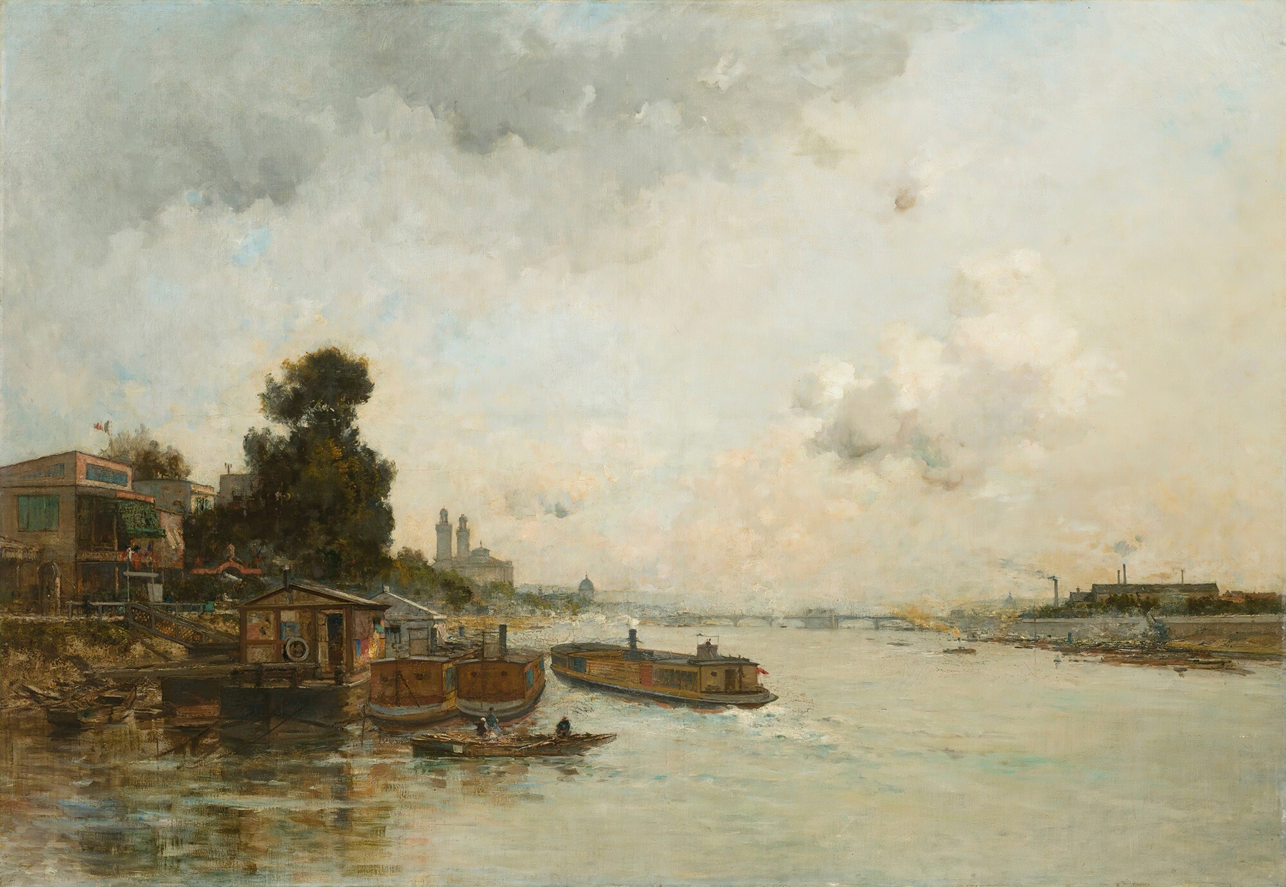 View Of The Seine, Paris by Charles Lapostolet, oil on canvas depicting a serene river scene.