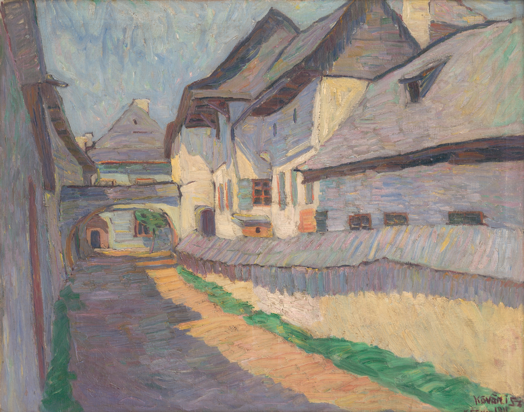 Brána v Kežmarskej ulici, oil on canvas by Konštantín Kövári-Kačmarik, featuring an archway and light.
