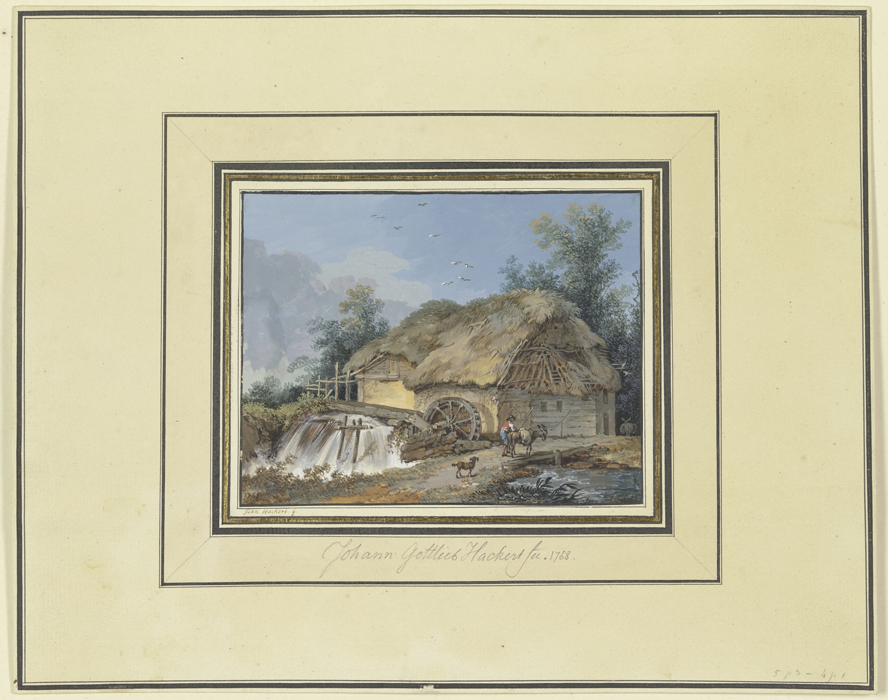 Landscape with a straw-roofed mill, farmer, donkey, and dog by Johann Gottlieb Hackert