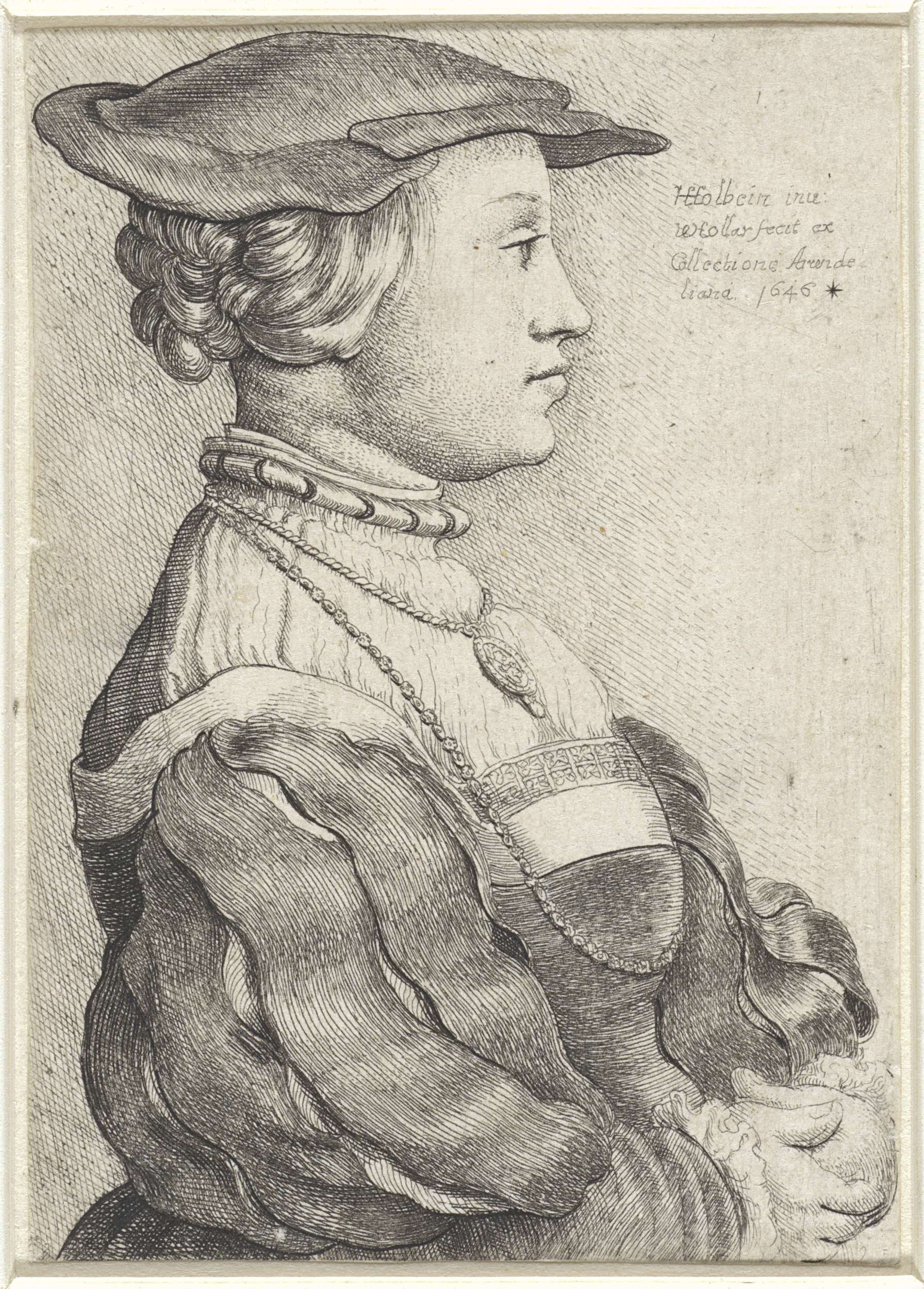 Etching of a woman in profile wearing a bonnet by Wenceslaus Hollar