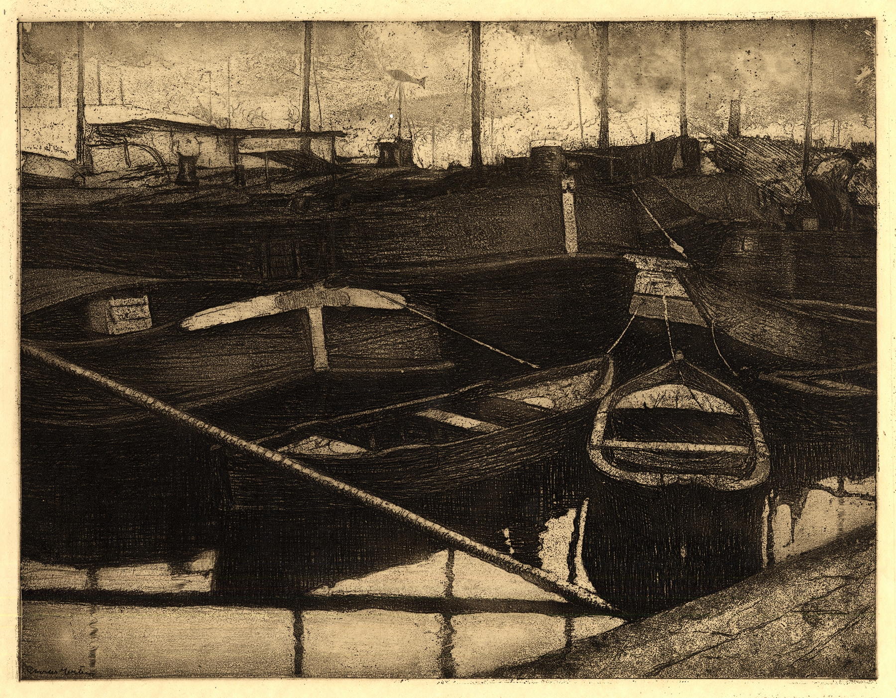 Barges and sloops in the harbour by Charles Mertens, oil painting
