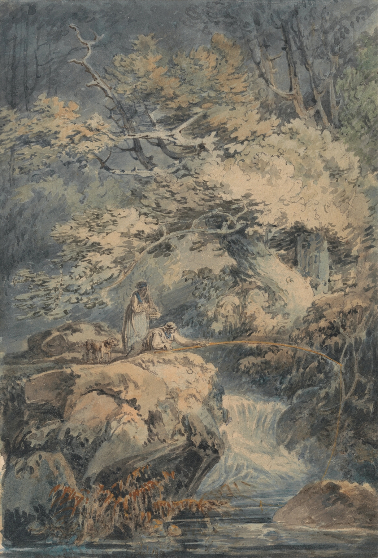 The Angler by Joseph Mallord William Turner, oil painting depicting an angler by a serene lake at sunset.