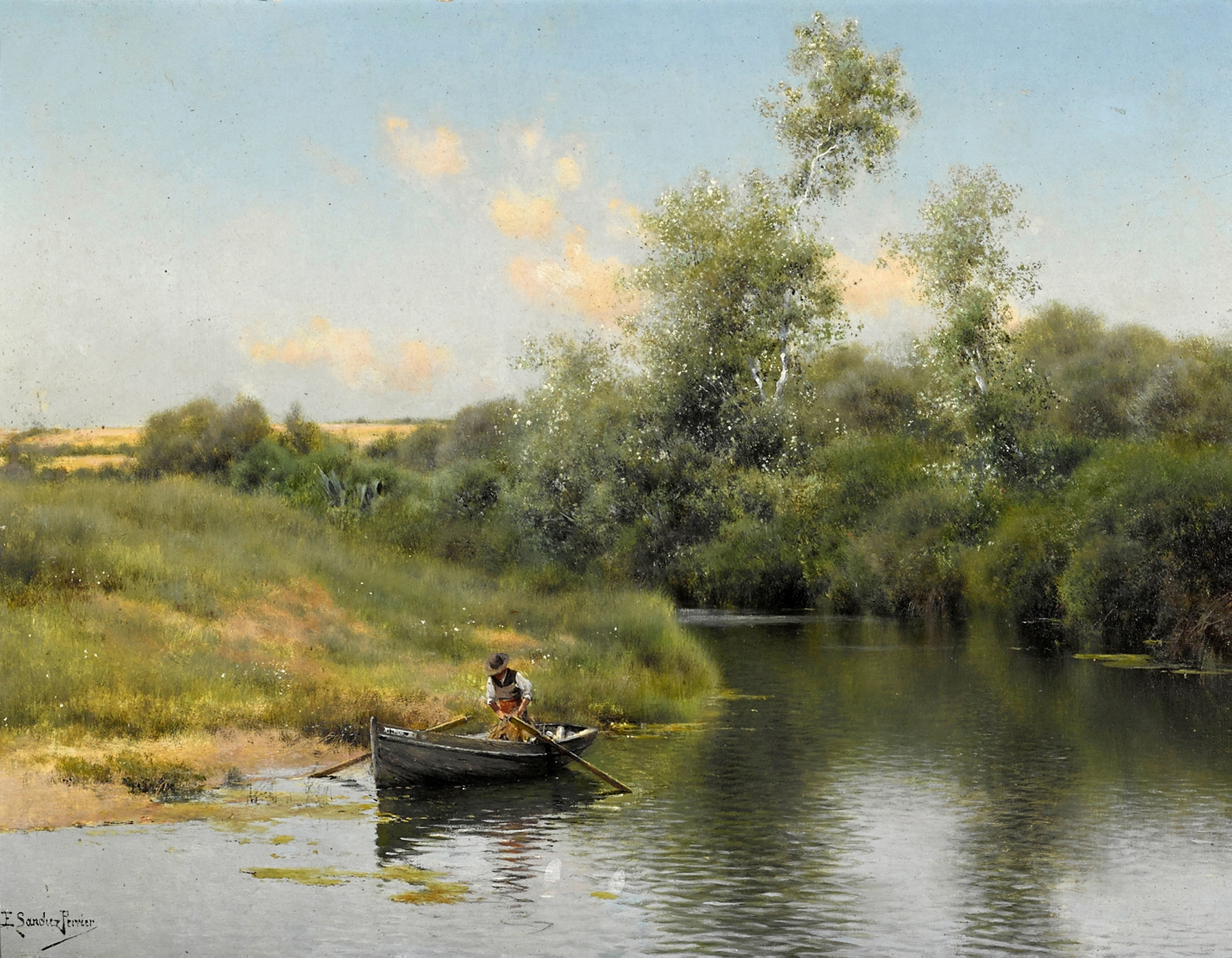 Oil painting by Emilio Sánchez-Perrier depicting a serene river scene with sunlight and trees.