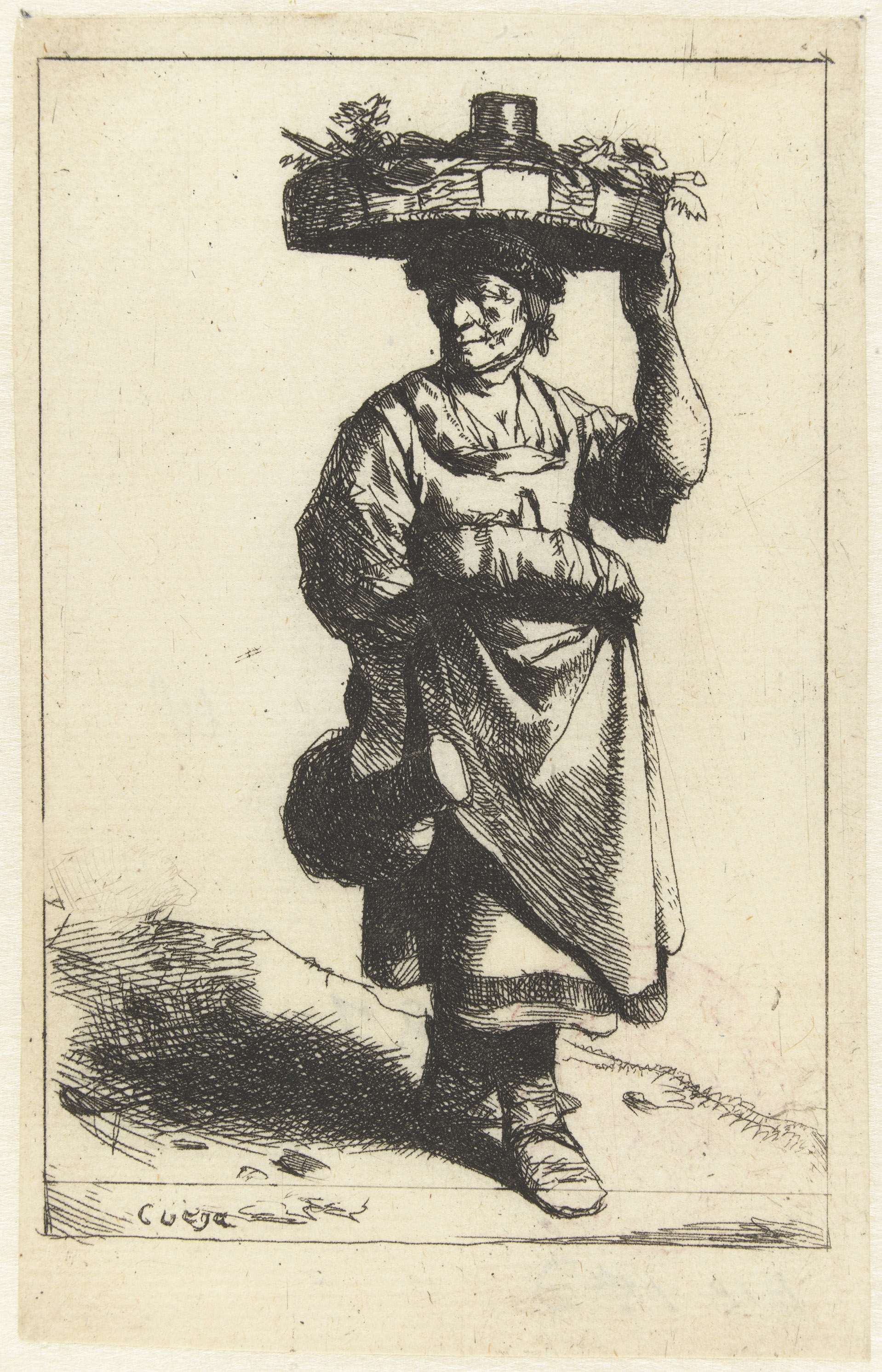 Etching by Cornelis Pietersz. Bega of a woman with a jug and basket.