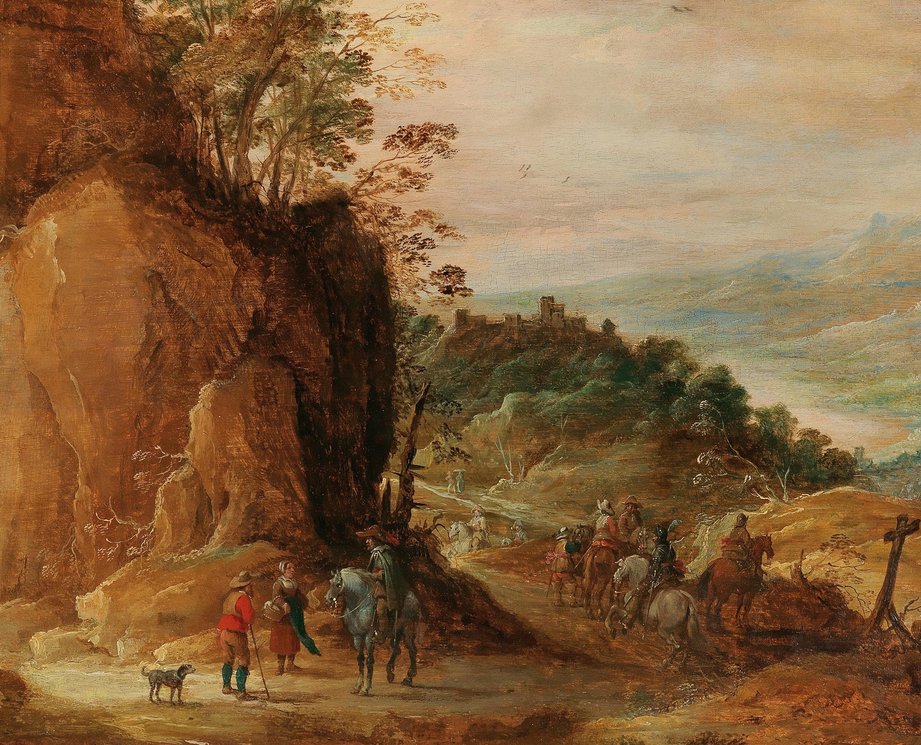 A rocky landscape with horsemen navigating rugged terrain, Joos de Momper, oil painting