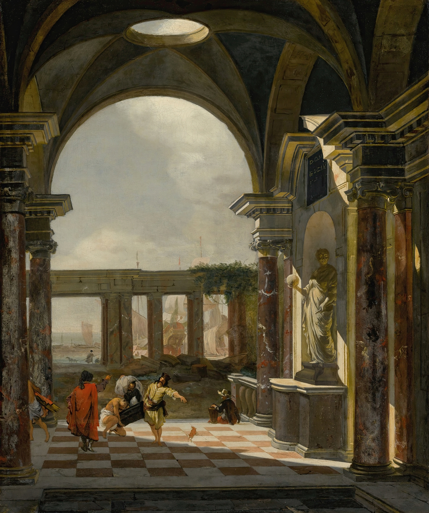 Architectural interior with ruins and a shipyard by Jan Baptist Weenix, oil on canvas