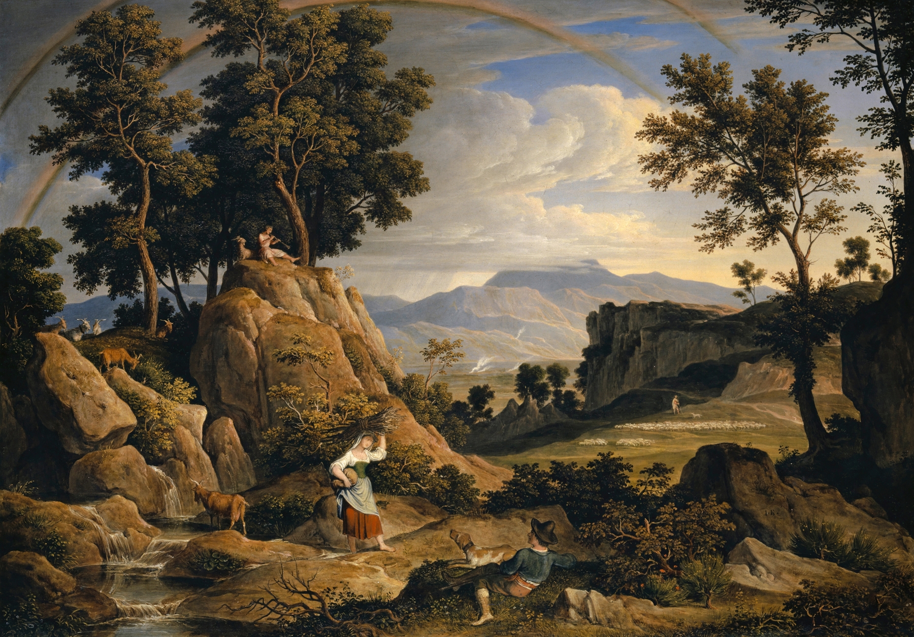Landscape near Olevano with Rainbow by Joseph Anton Koch, oil painting depicting hills and a rainbow.