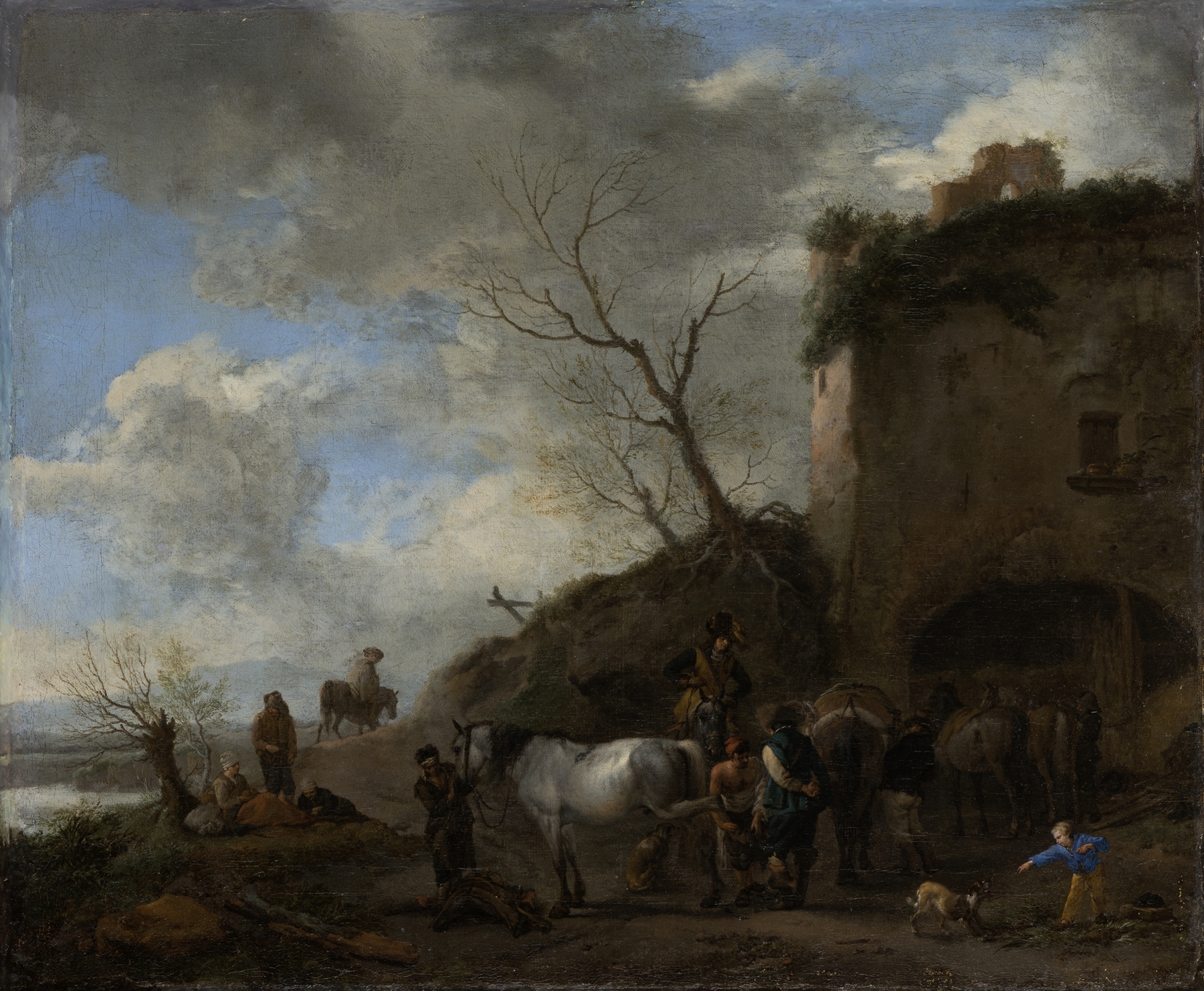 Riders at a Blacksmith’s, oil on canvas by Philips Wouwerman, featuring horsemen and a blacksmith.