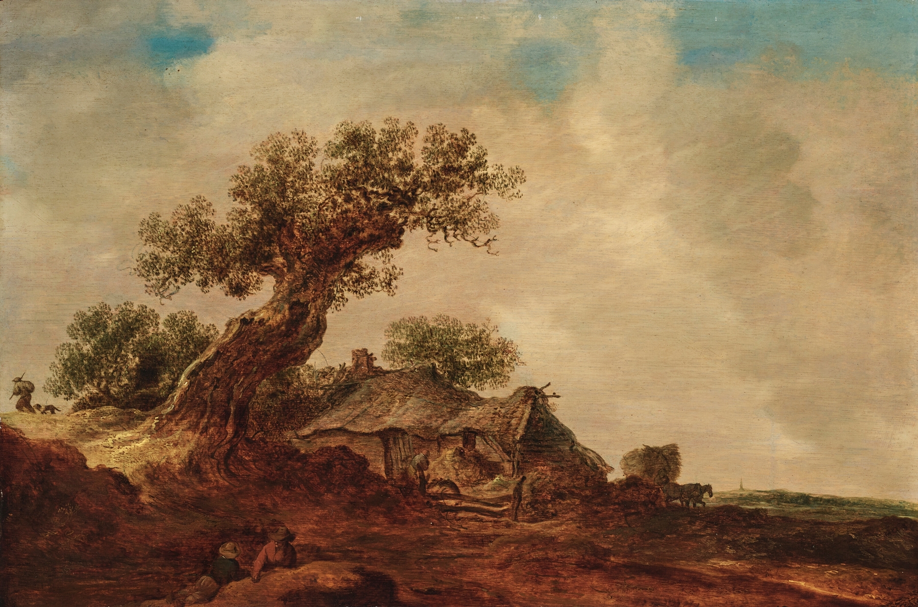 Dune landscape with a thatched cottage and oak tree by Jan van Goyen, oil painting