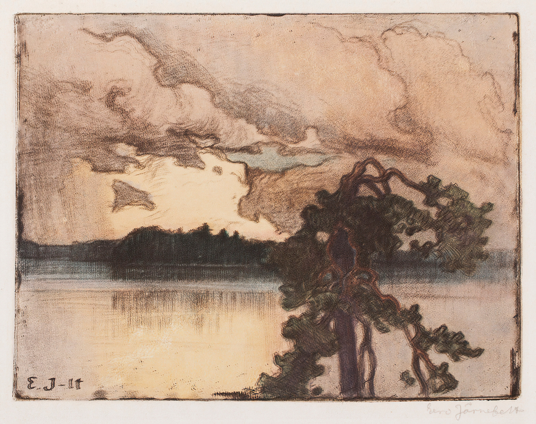 Lake Landscape at Sunset, oil on canvas by Eero Järnefelt, depicting a tranquil lake at sunset.